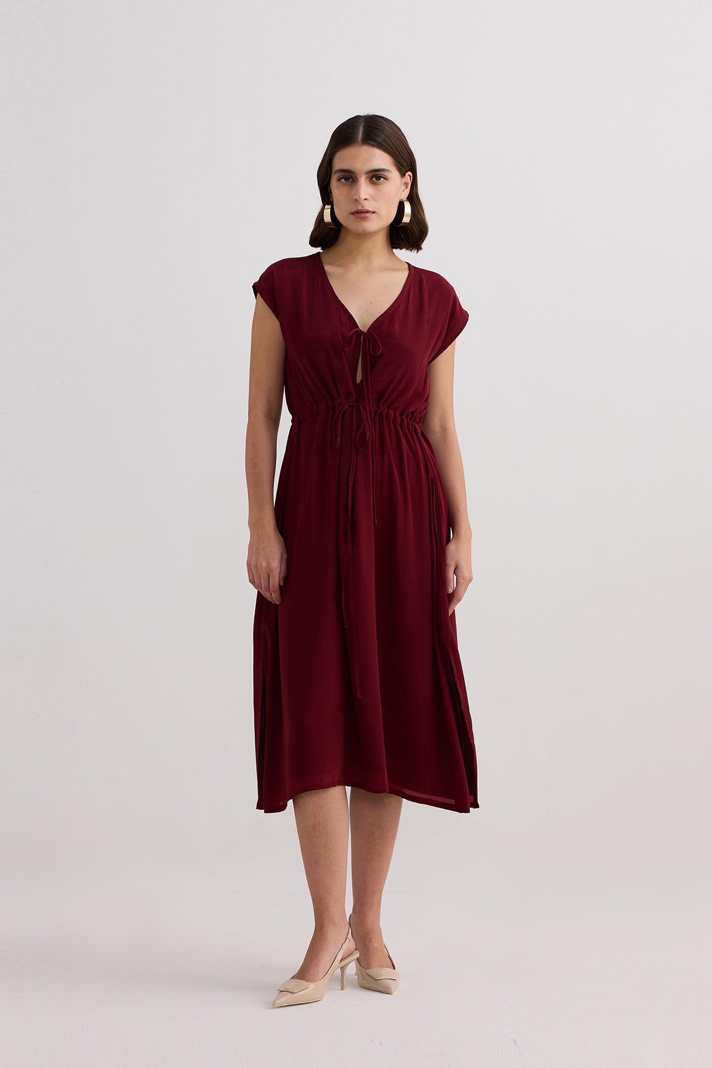 Deep V-neck Gathered Dress in Burgundy | Color: Burgundy | Size: 3XL Refurbished - Resistor (Note: This is a generic term for an electronic component, refurbished available on Cerqular