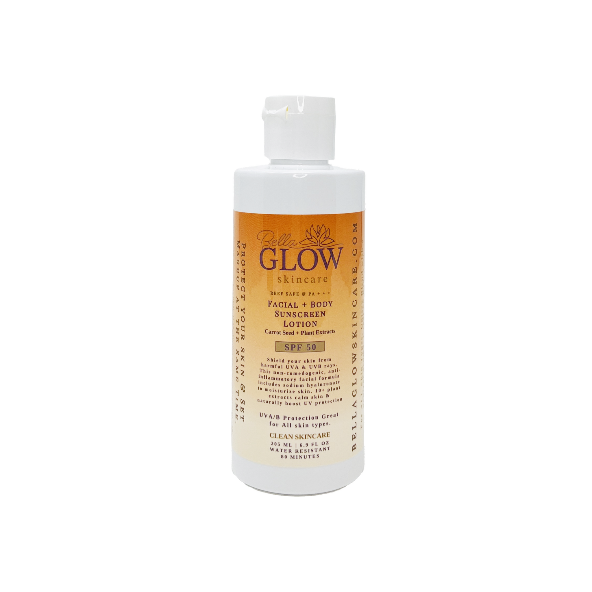 SPF50 Facial + Body Sunscreen Lotion with Carrot Seed Oil + Plant Extracts | UVA/B Protection PA+++ | Reef Safe | NEW NAME, SAME FORMULA! Refurbished - Bella Glow Skincare refurbished available on Cerqular
