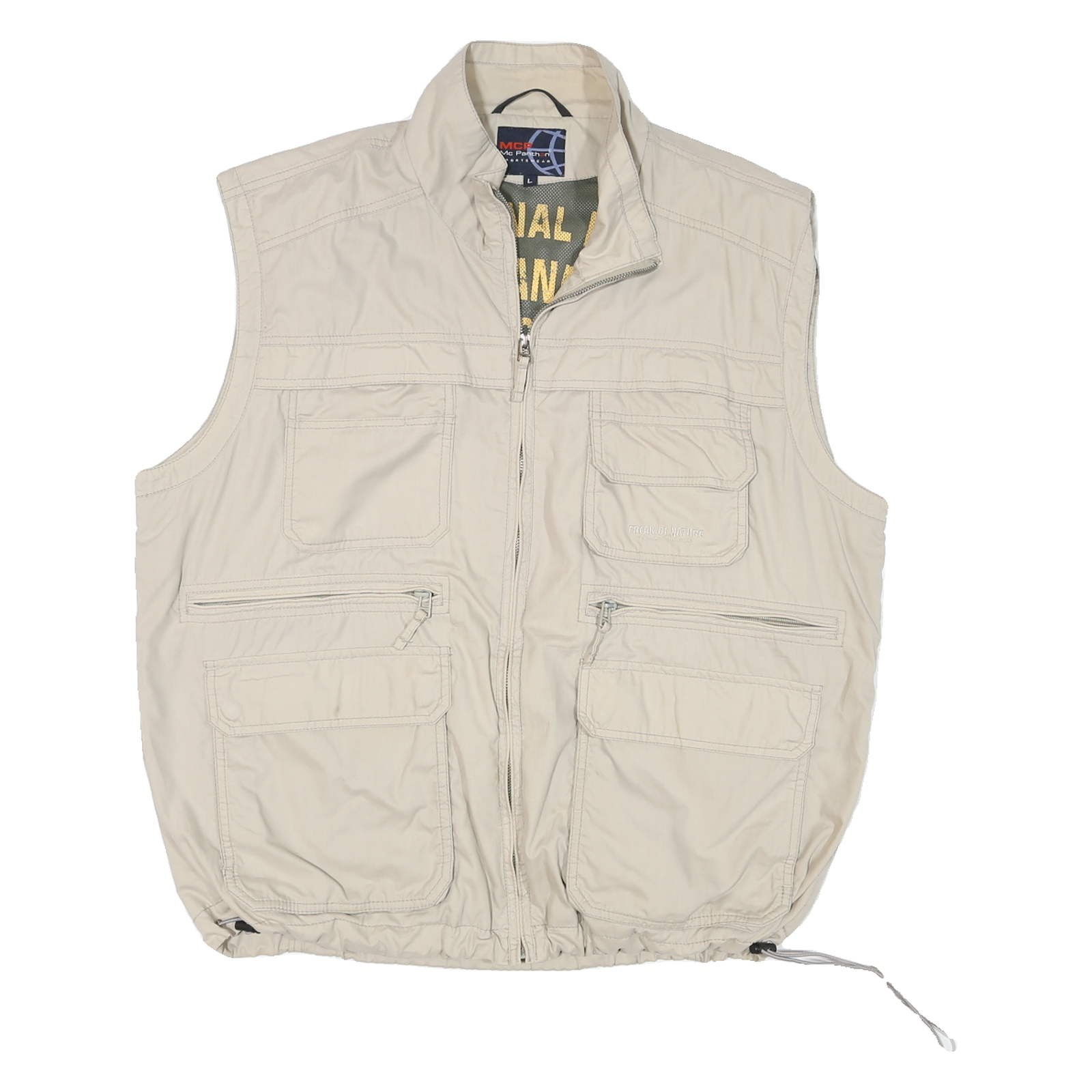 Mens Beige Polyester Blend Utility Vest L Zip Plain Multi Pocket Functional Refurbished - N/A refurbished available on Cerqular