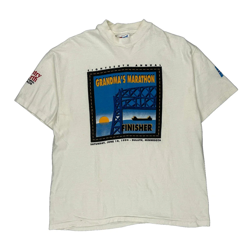 Grandma'S Marathon Finisher Hanes Single Stitch T-Shirt - Large White Cotton Refurbished - Thrifted (note: this is a term often used to describe second- refurbished available on Cerqular