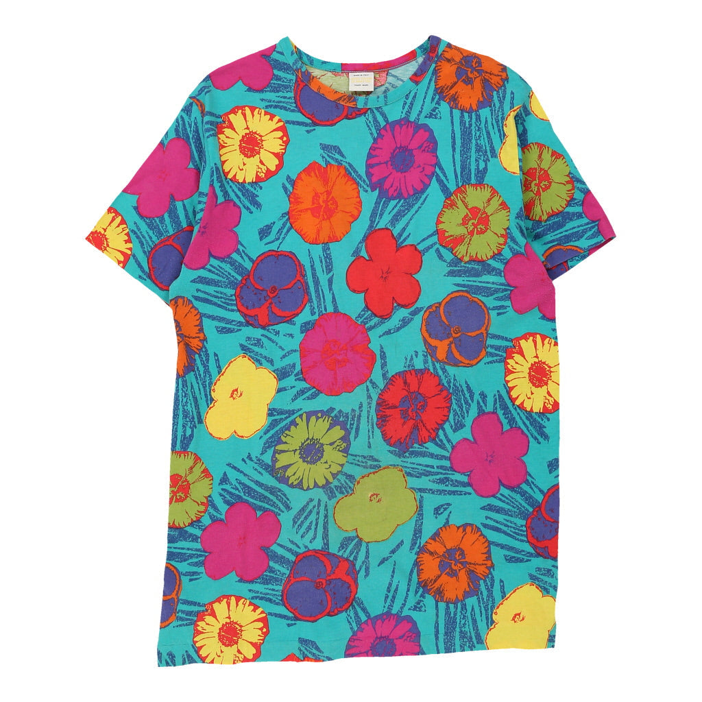Benetton Floral T-Shirt - Medium Blue Cotton | Size: medium Refurbished - N/A (Preloved Designer is not a specific brand, it refurbished available on Cerqular