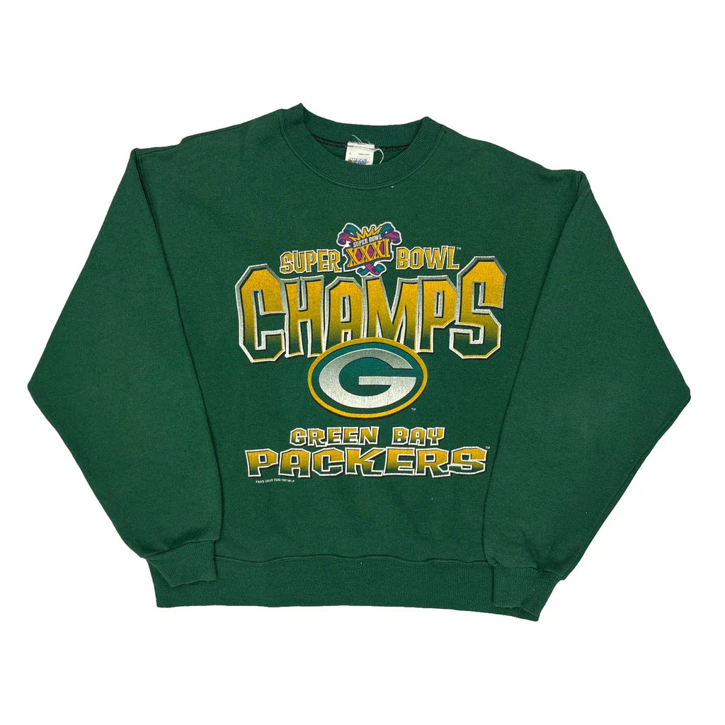 Green Bay Packers Fan Football Sweatshirt - Large Green Cotton Refurbished - Thrifted (note: this is a term often used to describe second- refurbished available on Cerqular