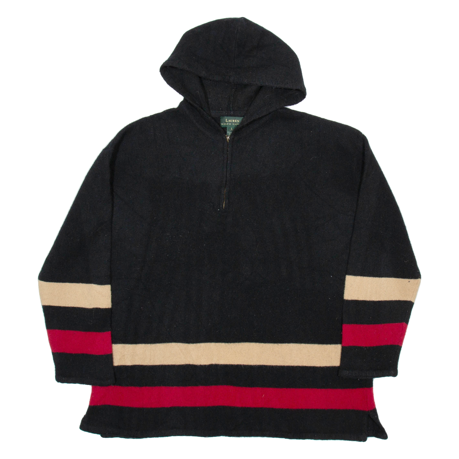LAUREN RALPH LAUREN Womens Jumper Black Striped 1/4 Zip Tight Knit Wool L Refurbished - N/A refurbished available on Cerqular