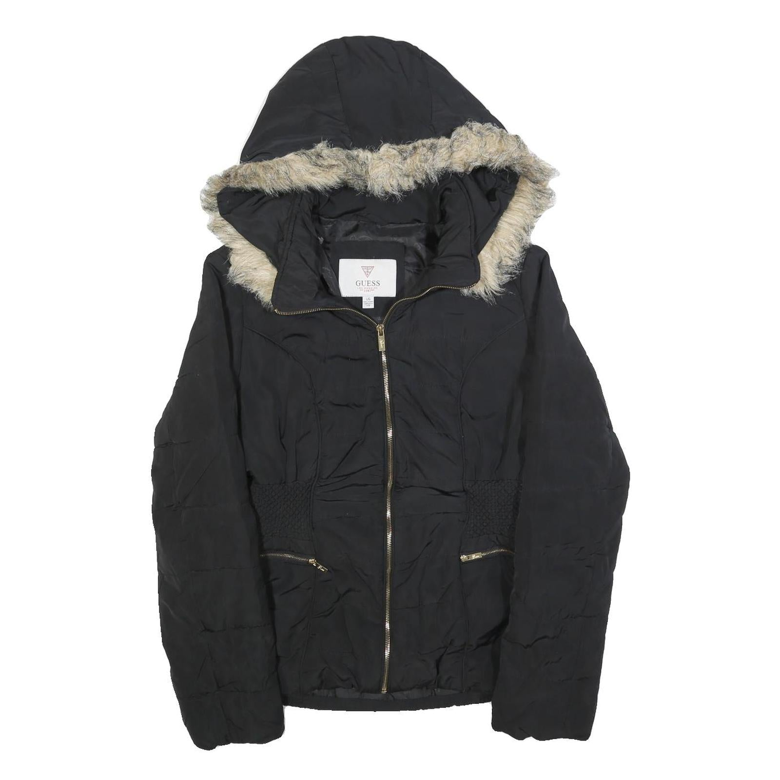 GUESS Womens Black Puffer Jacket L Polyester Hooded Zip Winter Coat Warm Refurbished - N/A refurbished available on Cerqular