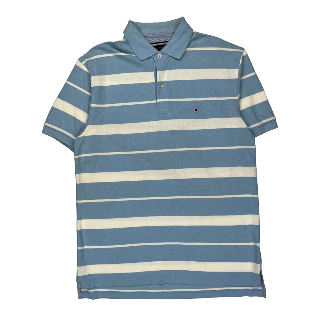 Tommy Hilfiger Striped Polo Shirt - Large Blue Cotton Refurbished - Thrifted (note: this is a term often used to describe second- refurbished available on Cerqular