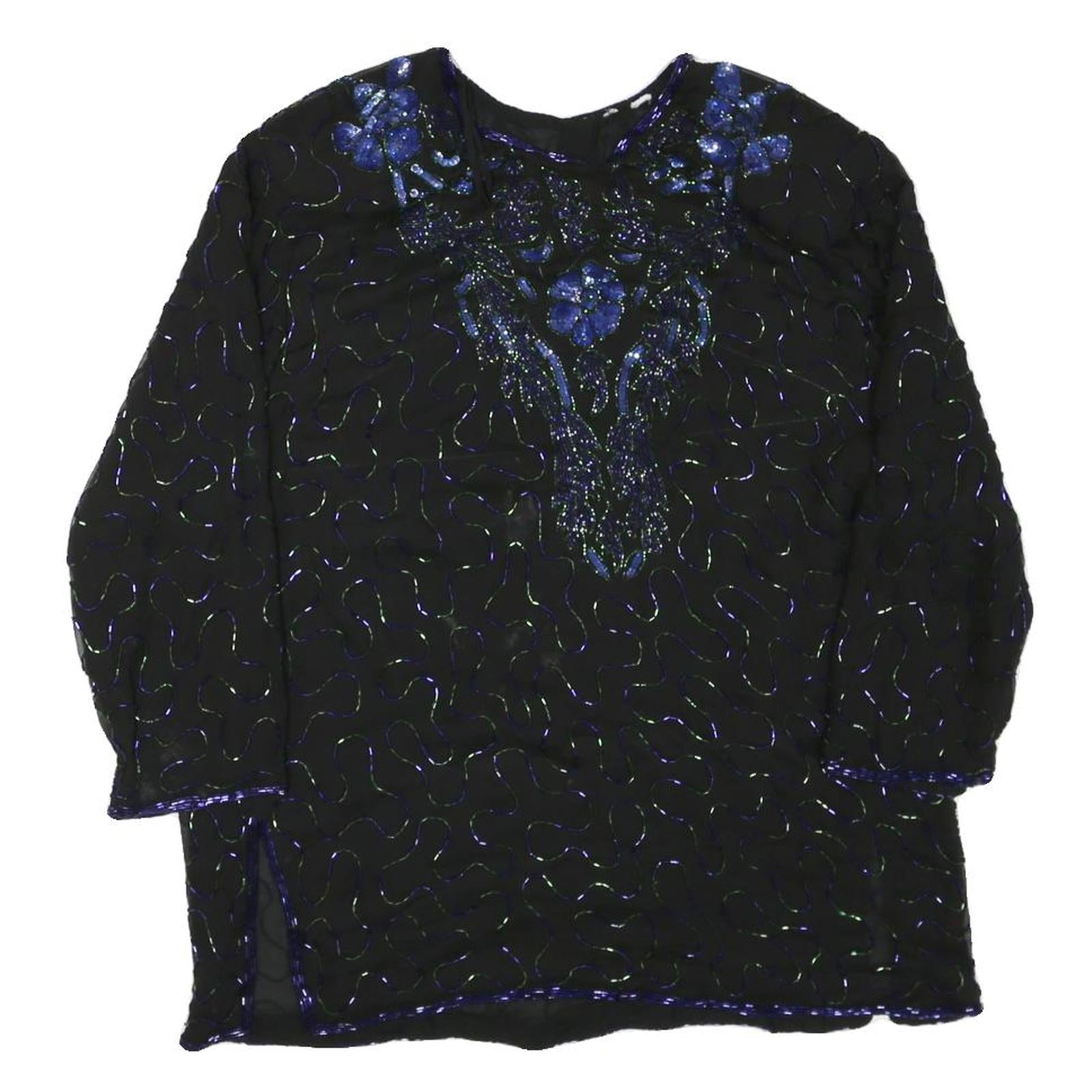 Womens Black & Blue Embroidered Long Sleeve Round Neck Top L Evening Occasion Refurbished - N/A refurbished available on Cerqular