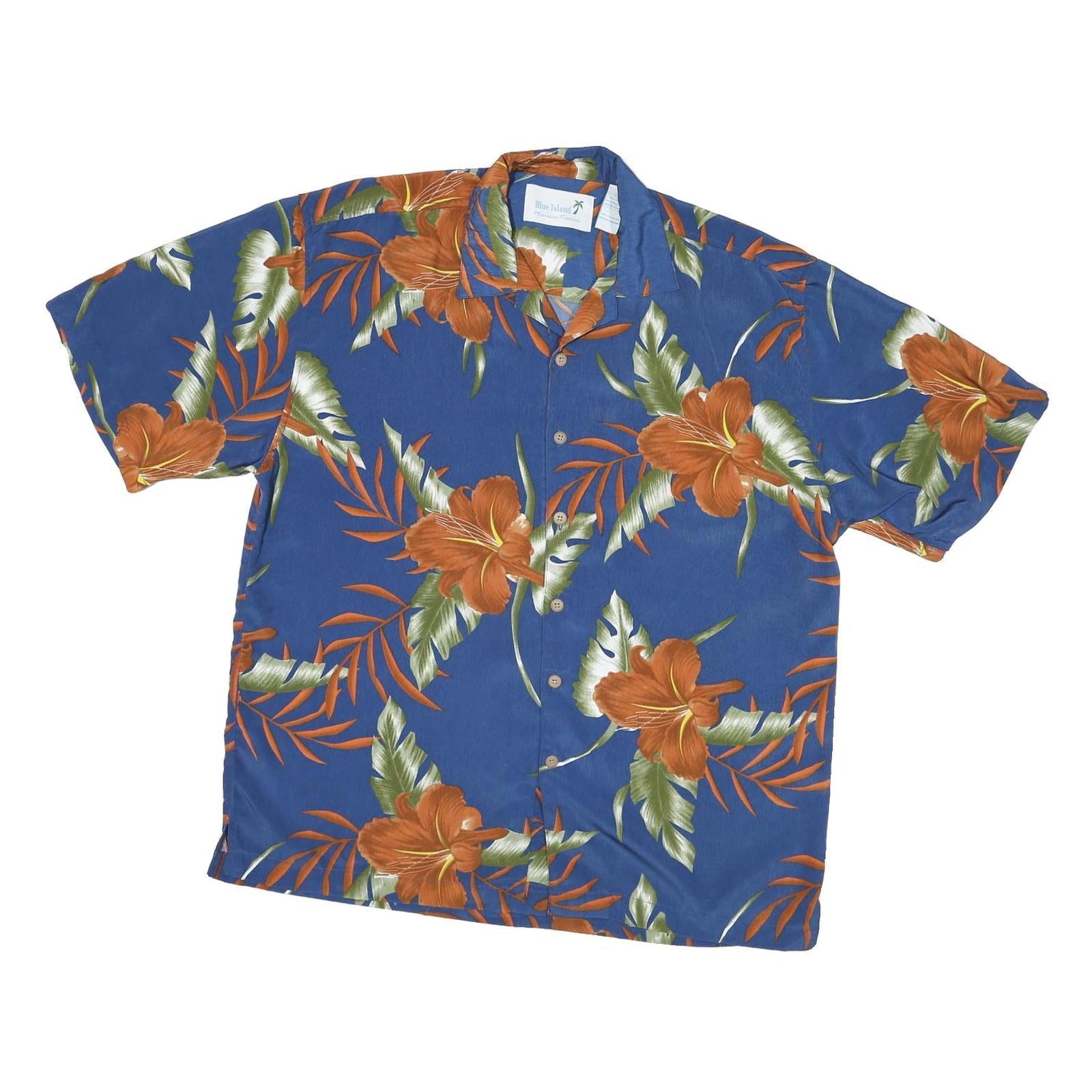 BLUE ISLAND Mens Blue & Orange Floral Polyester Shirt L Summer Casual Beach Refurbished - N/A refurbished available on Cerqular