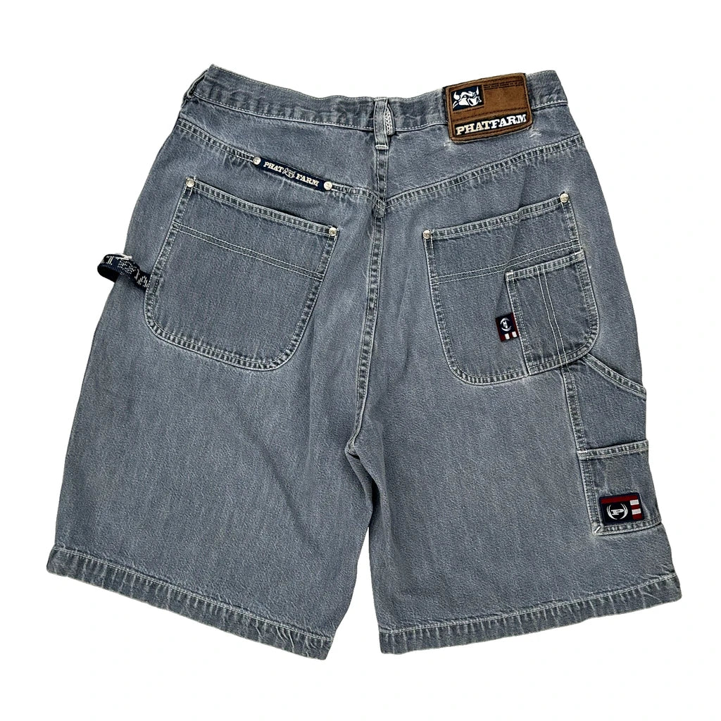 Phat Farm Double Knee Denim Shorts - 32W 11L Grey Denim Refurbished - Thrifted (note: this is a term often used to describe second- refurbished available on Cerqular