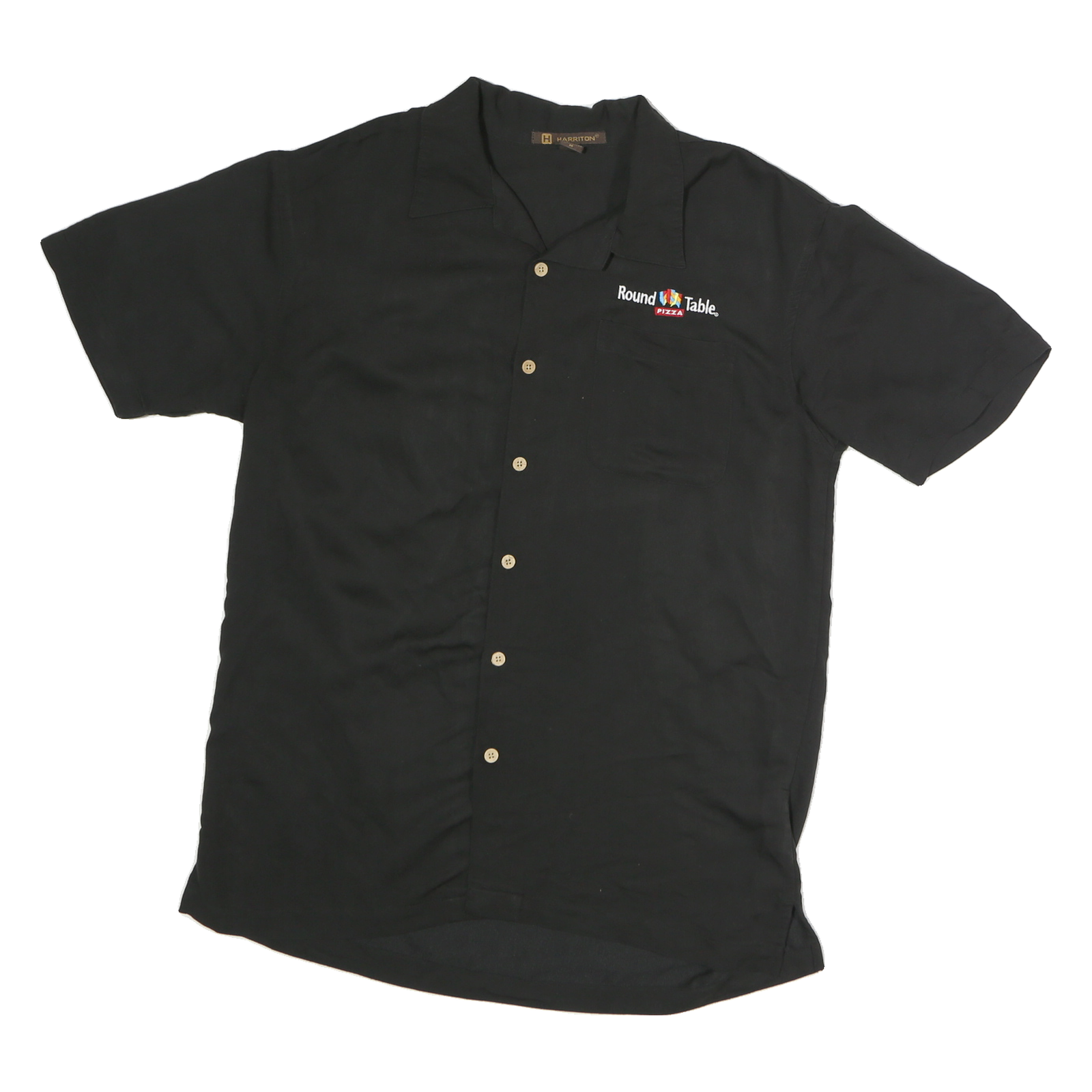 HARRINGTON Mens Black Cotton Shirt M Round Table Pizza Logo Button Up Refurbished - N/A refurbished available on Cerqular
