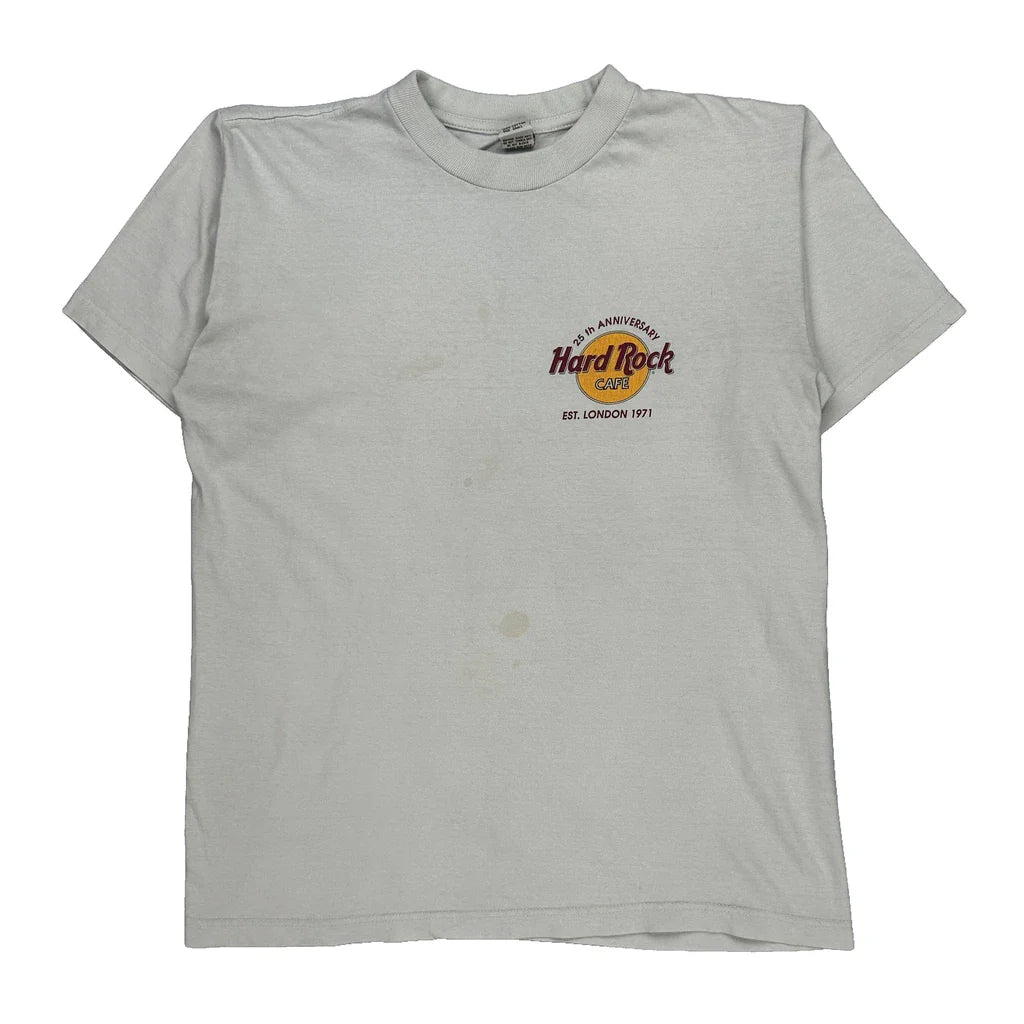 25Th Anniversary Hard Rock Cafe Graphic T-Shirt - Small White Cotton Refurbished - Thrifted (note: this is a term often used to describe second- refurbished available on Cerqular