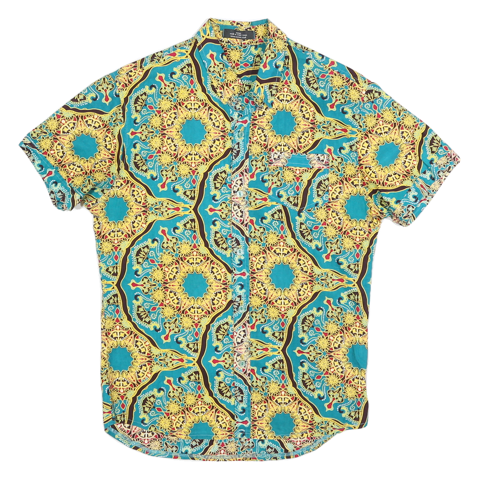 Mens Blue & Yellow Pattern Shirt S Short Sleeve Button Polyester Refurbished - N/A refurbished available on Cerqular