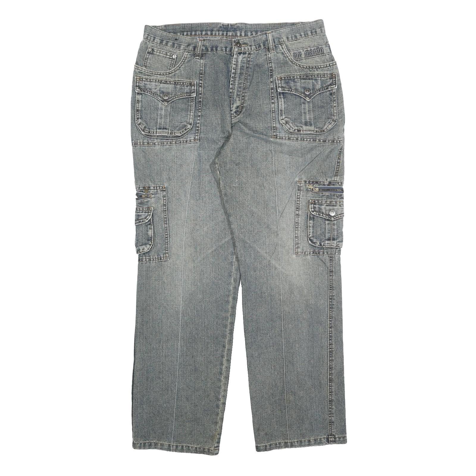MARZO Mens Relaxed Cargo Denim Jeans Blue W36 L32 Utility Casual Zip Refurbished - N/A refurbished available on Cerqular
