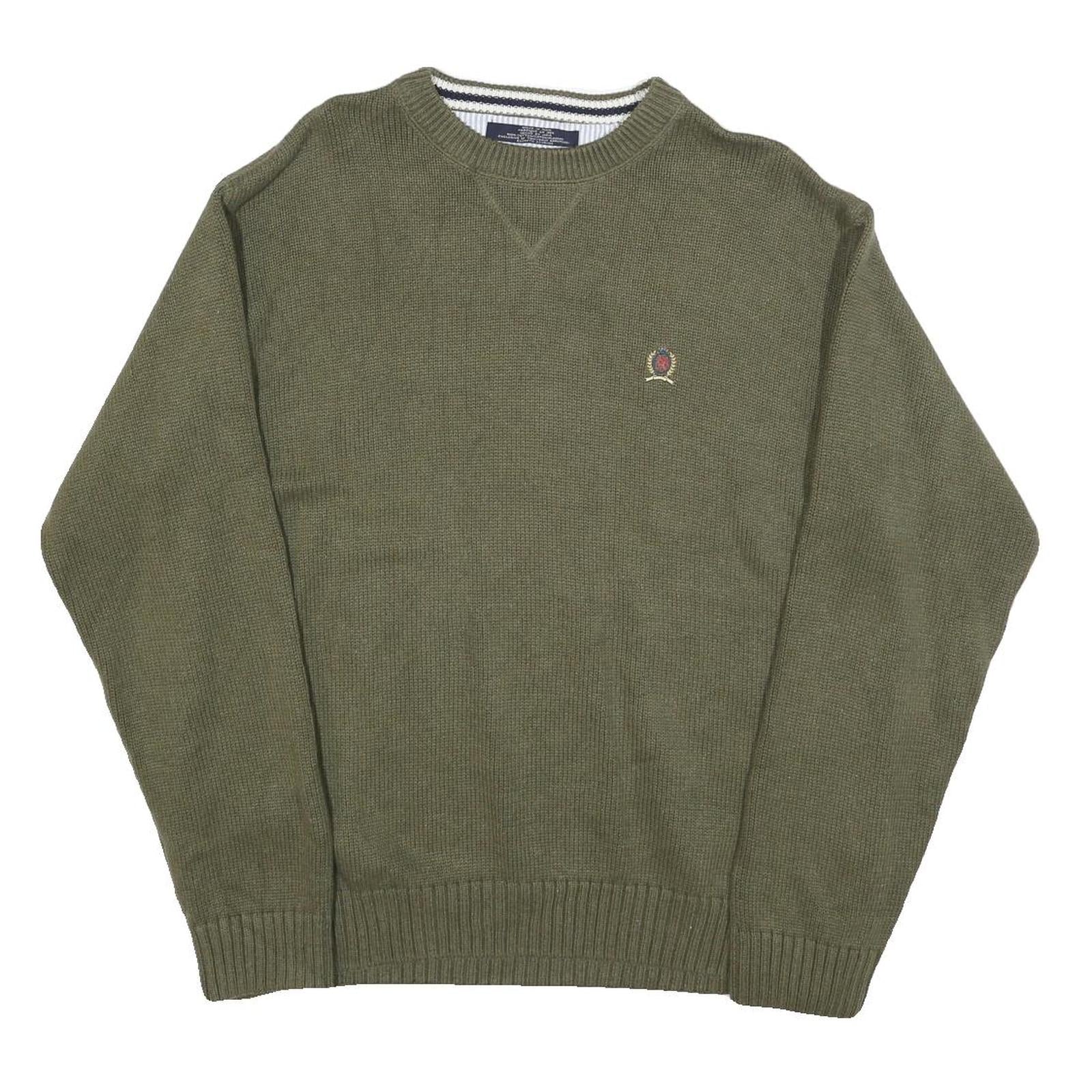 TOMMY HILFIGER Mens Green Plain Crew Neck Basic Knit Jumper L Cotton Blend Refurbished - N/A refurbished available on Cerqular