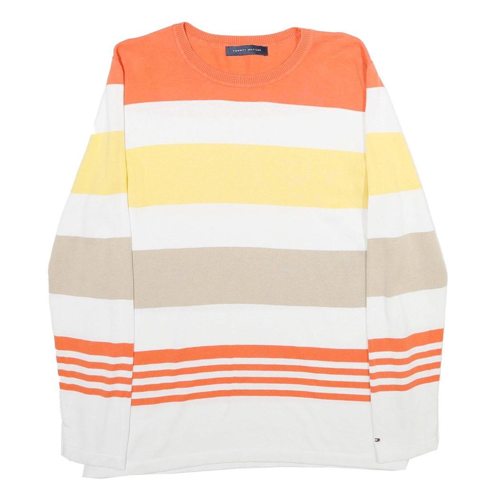 TOMMY HILFIGER Womens Orange & Cream Striped Cotton Blend Plain Crew Neck Jumper Refurbished - N/A refurbished available on Cerqular