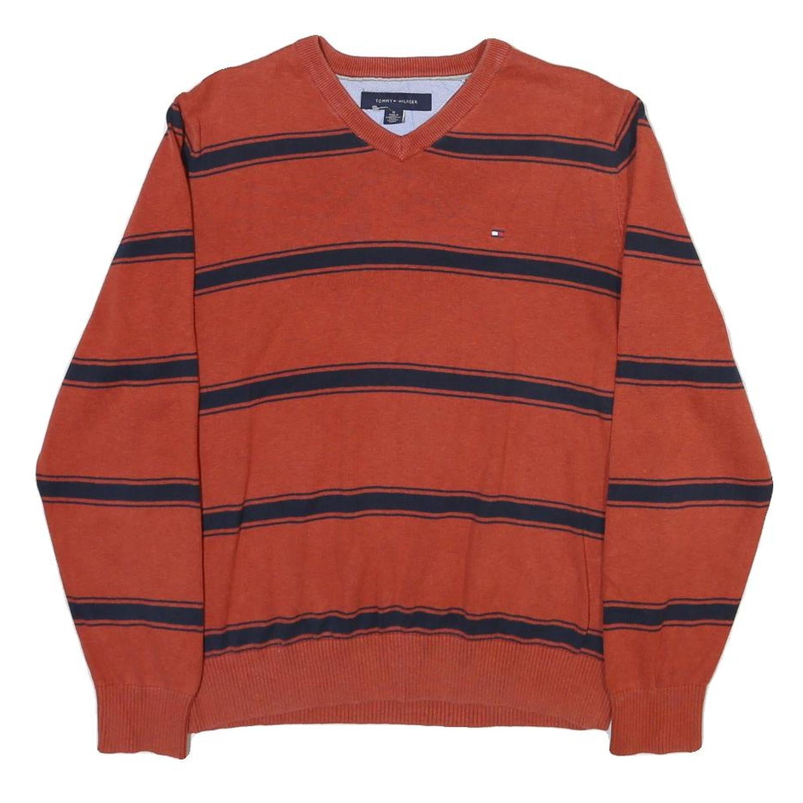 TOMMY HILFIGER Mens Rust & Navy Striped Patterned Cotton Blend Jumper V Neck Refurbished - N/A refurbished available on Cerqular