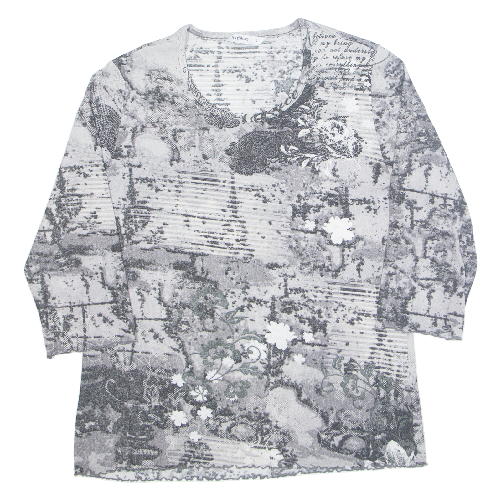 Buy HARMONY Womens Printed Top Grey 3/4 Sleeve Floral L Refurbished - $16.89 HARMONY Womens Printed Top Grey 3/4 Sleeve Floral L Refurbished - N/A refurbished available on Cerqular