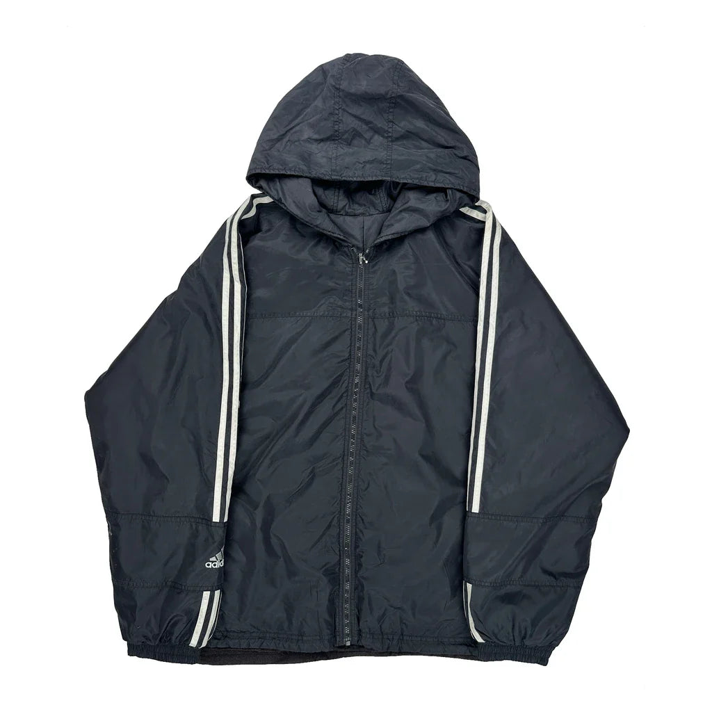 Adidas Striped Jacket - 2XL Black Polyester Refurbished - Thrifted (note: this is a term often used to describe second- refurbished available on Cerqular