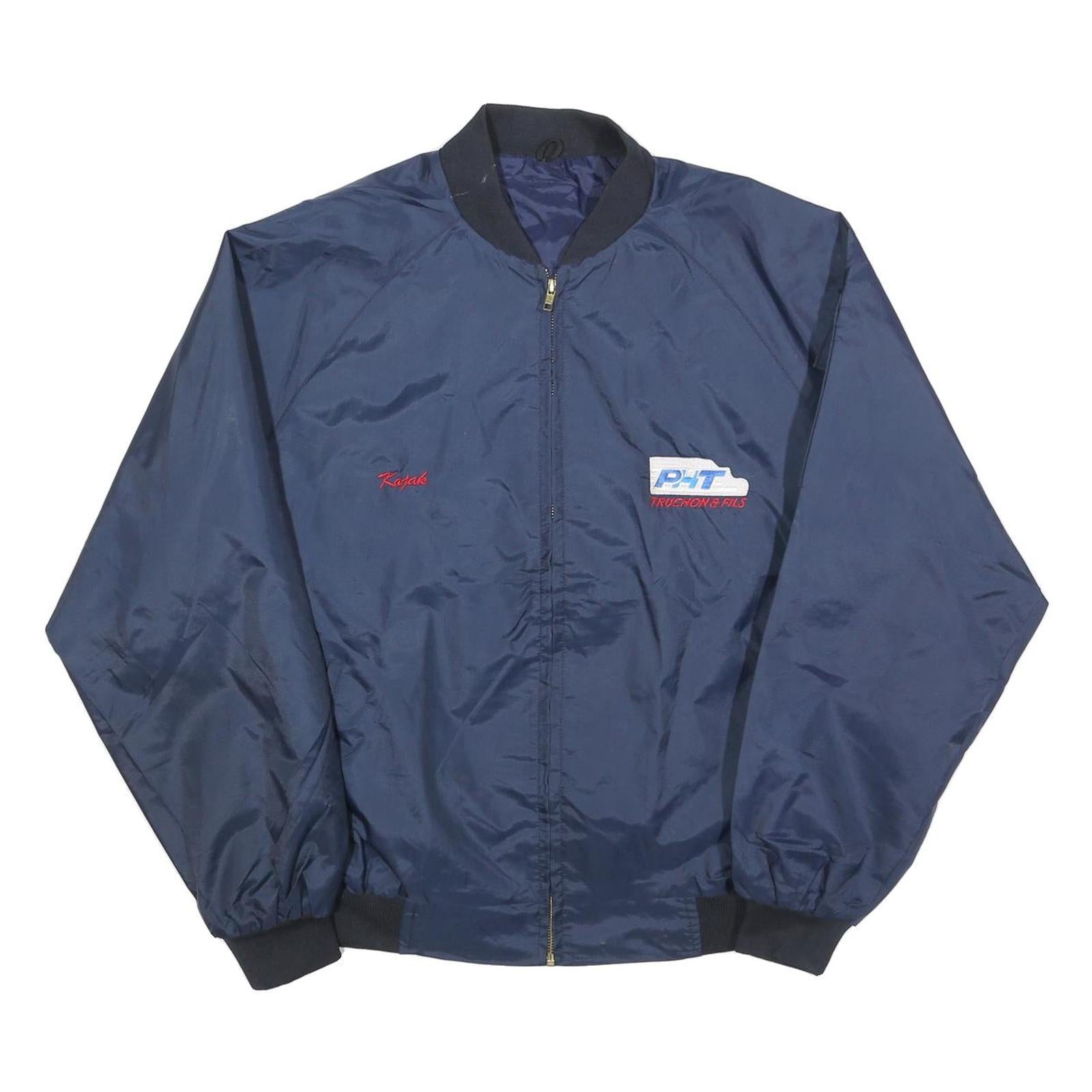 Mens Navy Blue Polyester Plain Bomber Jacket L Zip Pocket Casual Retro Refurbished - N/A refurbished available on Cerqular