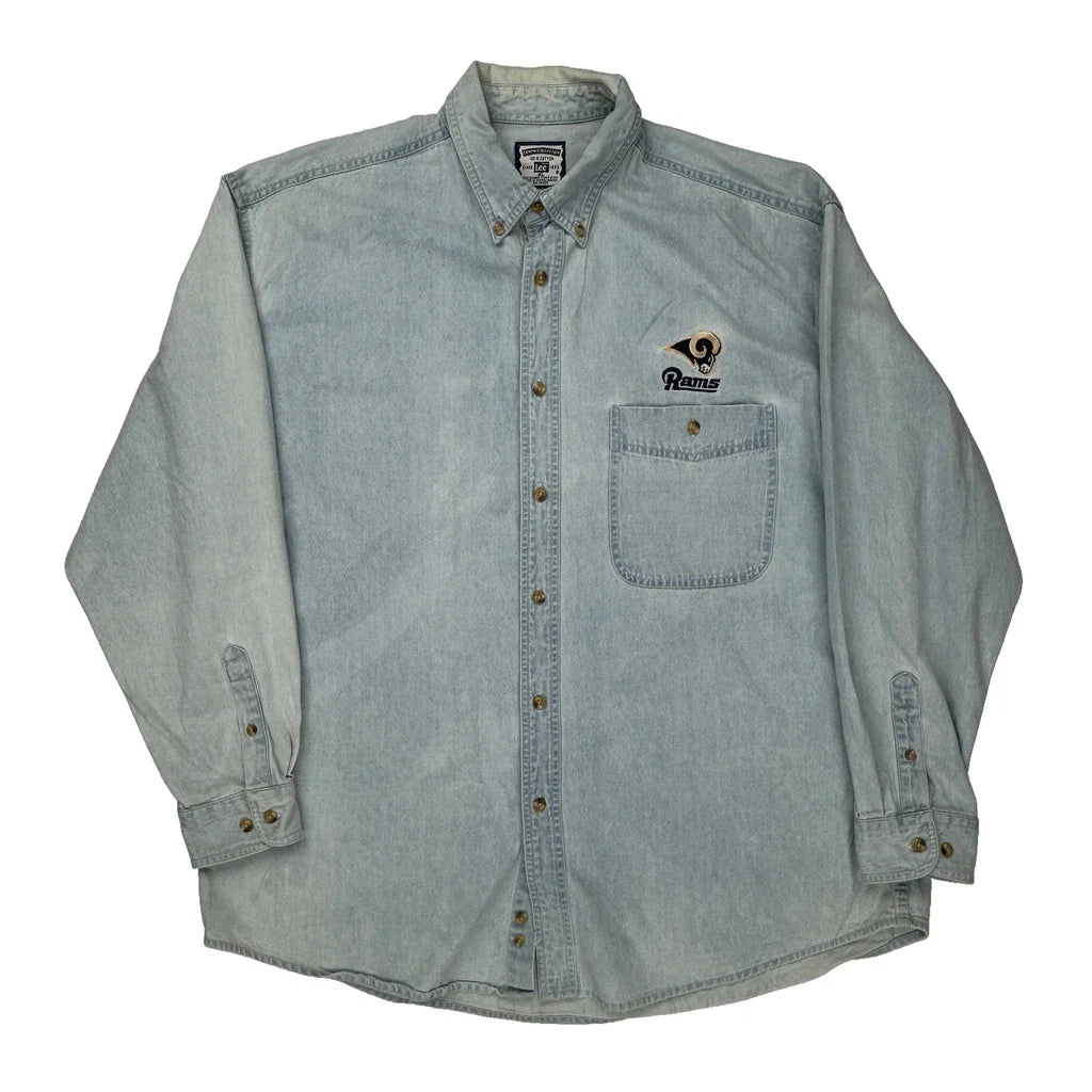 Rams Lee Football Denim Shirt - XL Light Wash Cotton Refurbished - Thrifted (note: this is a term often used to describe second- refurbished available on Cerqular