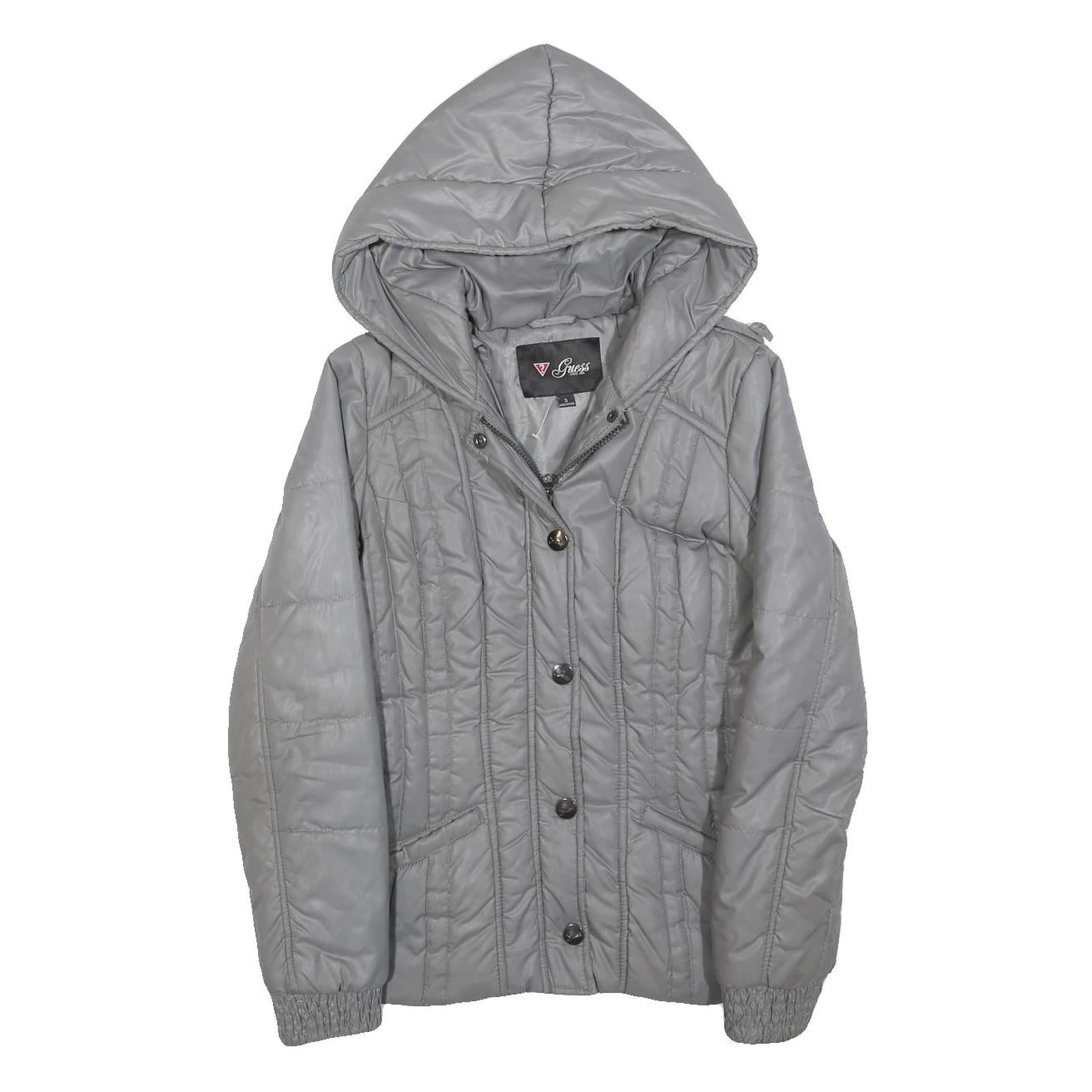 GUESS Womens Grey Hooded Quilted Jacket S Polyester Blend Zip Casual Outerwear Refurbished - N/A refurbished available on Cerqular
