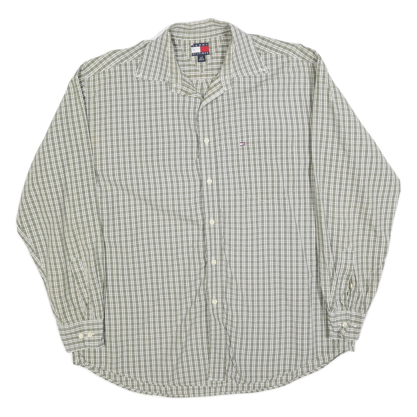 TOMMY HILFIGER Mens Green & White Checked Shirt L Classic Cotton Button Down Refurbished - N/A refurbished available on Cerqular