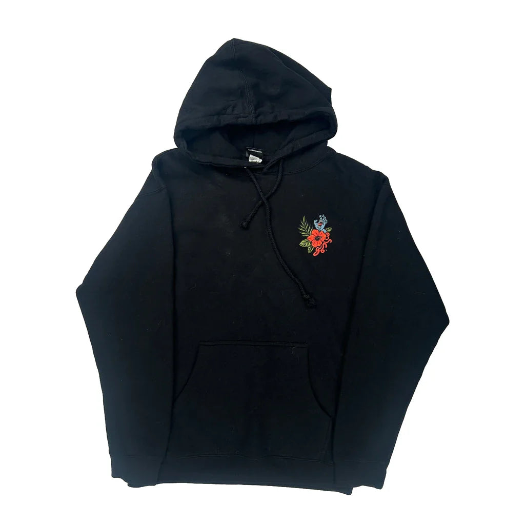 Floral Design Santa Cruz Graphic Hoodie - Medium Black Cotton Refurbished - Thrifted (note: this is a term often used to describe second- refurbished available on Cerqular