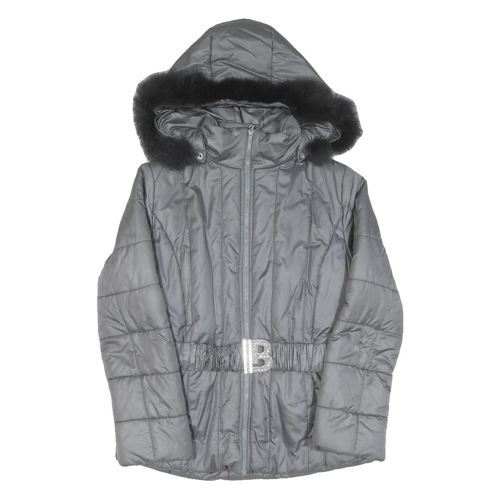 Womens Grey Quilted Jacket S Polyester Blend Hooded Zip Belted Fashion Refurbished - N/A refurbished available on Cerqular