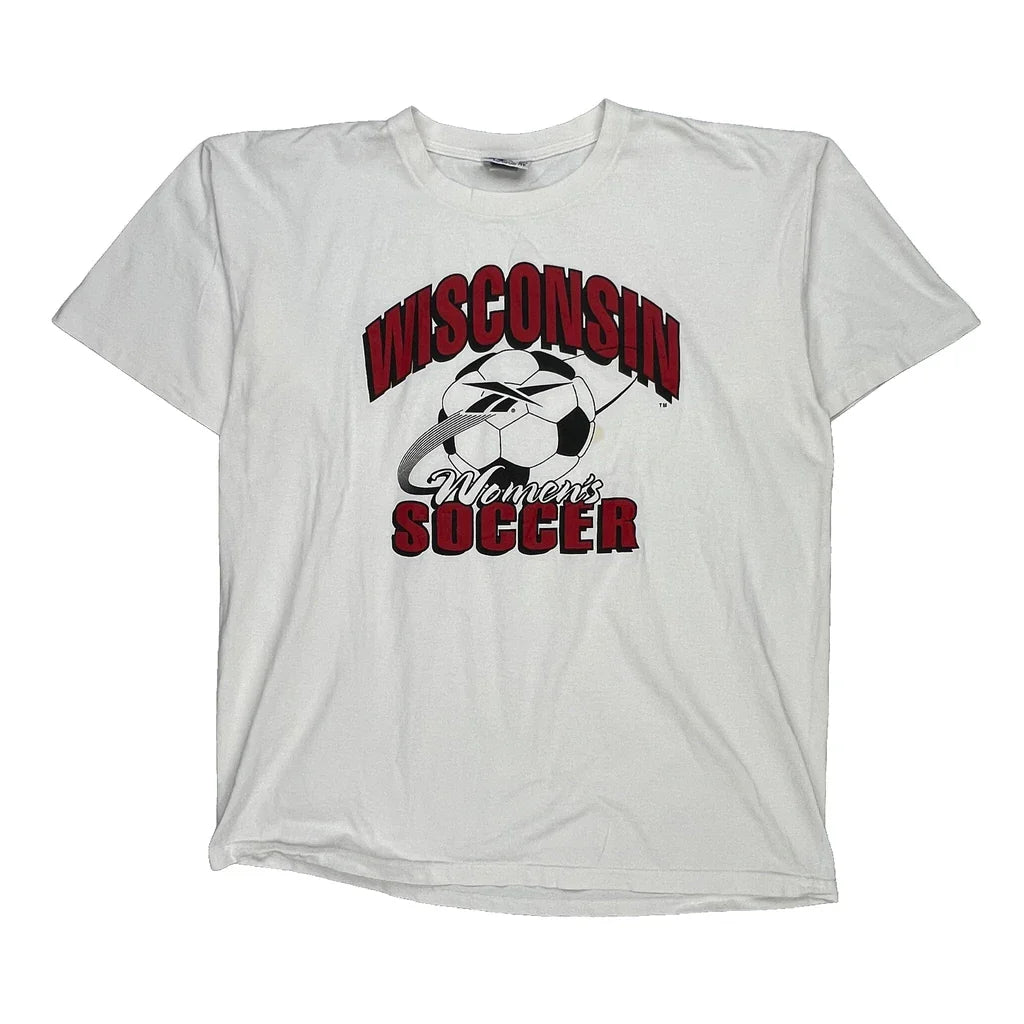 Wisconsin Women'S Soccer Reebok Single Stitch T-Shirt - XL White Cotton Refurbished - Thrifted (note: this is a term often used to describe second- refurbished available on Cerqular
