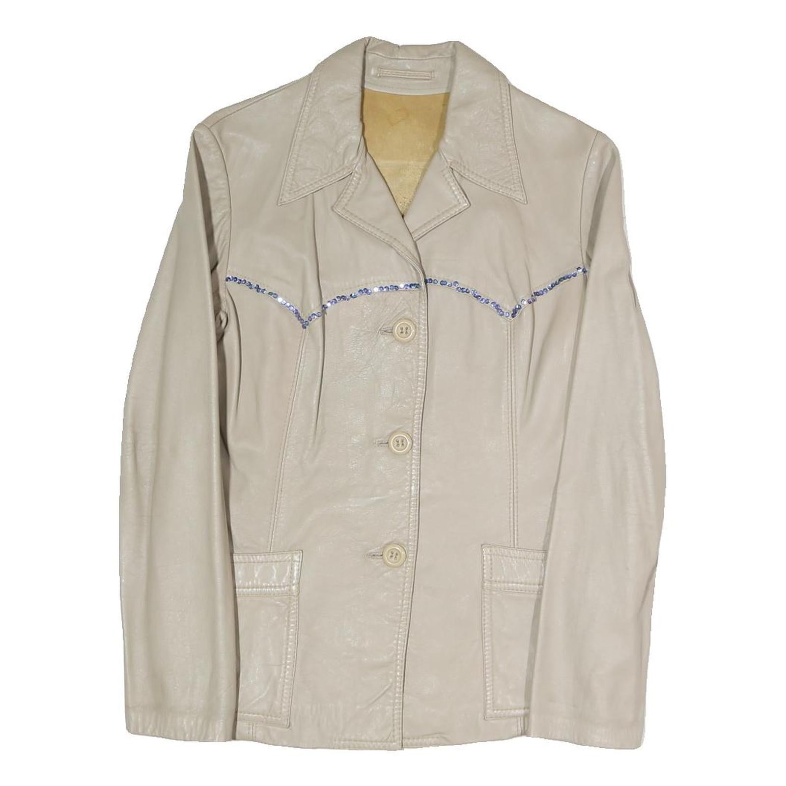 Womens Cream Leather Button Jacket M Plain Classic Fit Collar Casual Refurbished - N/A refurbished available on Cerqular