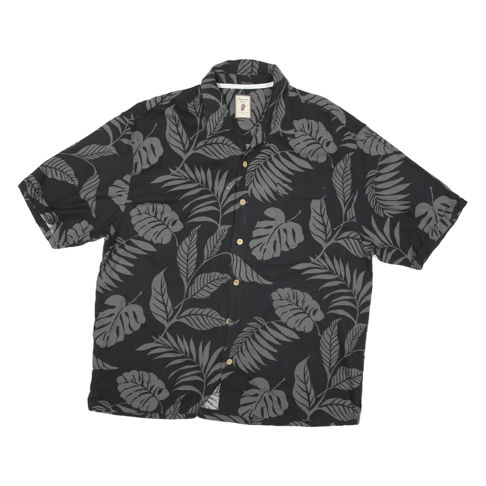 JAMACIA JAXX Mens Black & Grey Leaf Print Silk Shirt XL Tropical Pattern Relaxed Refurbished - N/A refurbished available on Cerqular