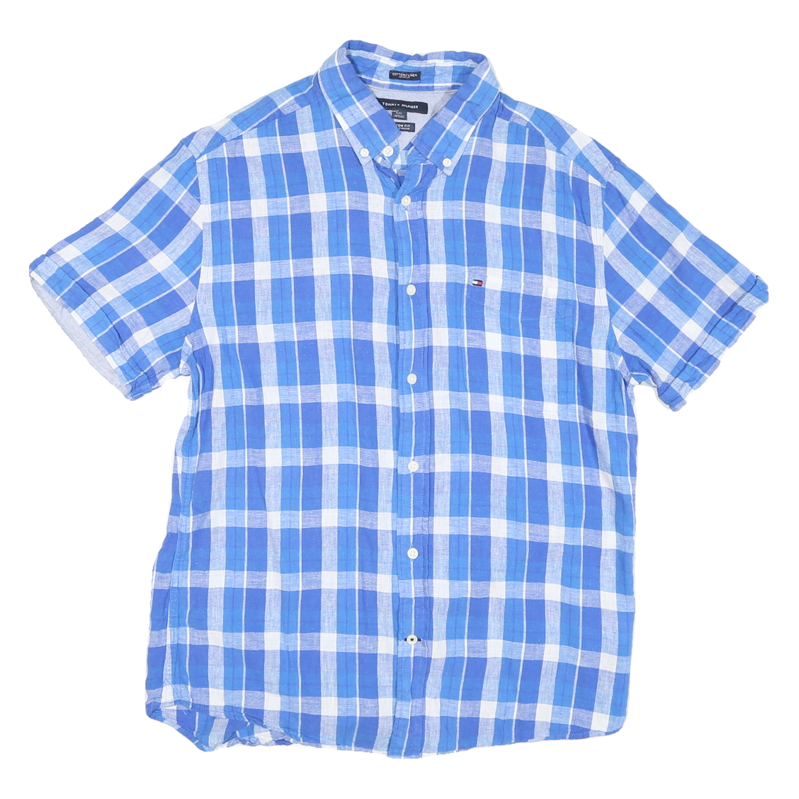 TOMMY HILFIGER Mens Blue & White Checked Linen Shirt L Button Down Short Sleeve Refurbished - N/A refurbished available on Cerqular