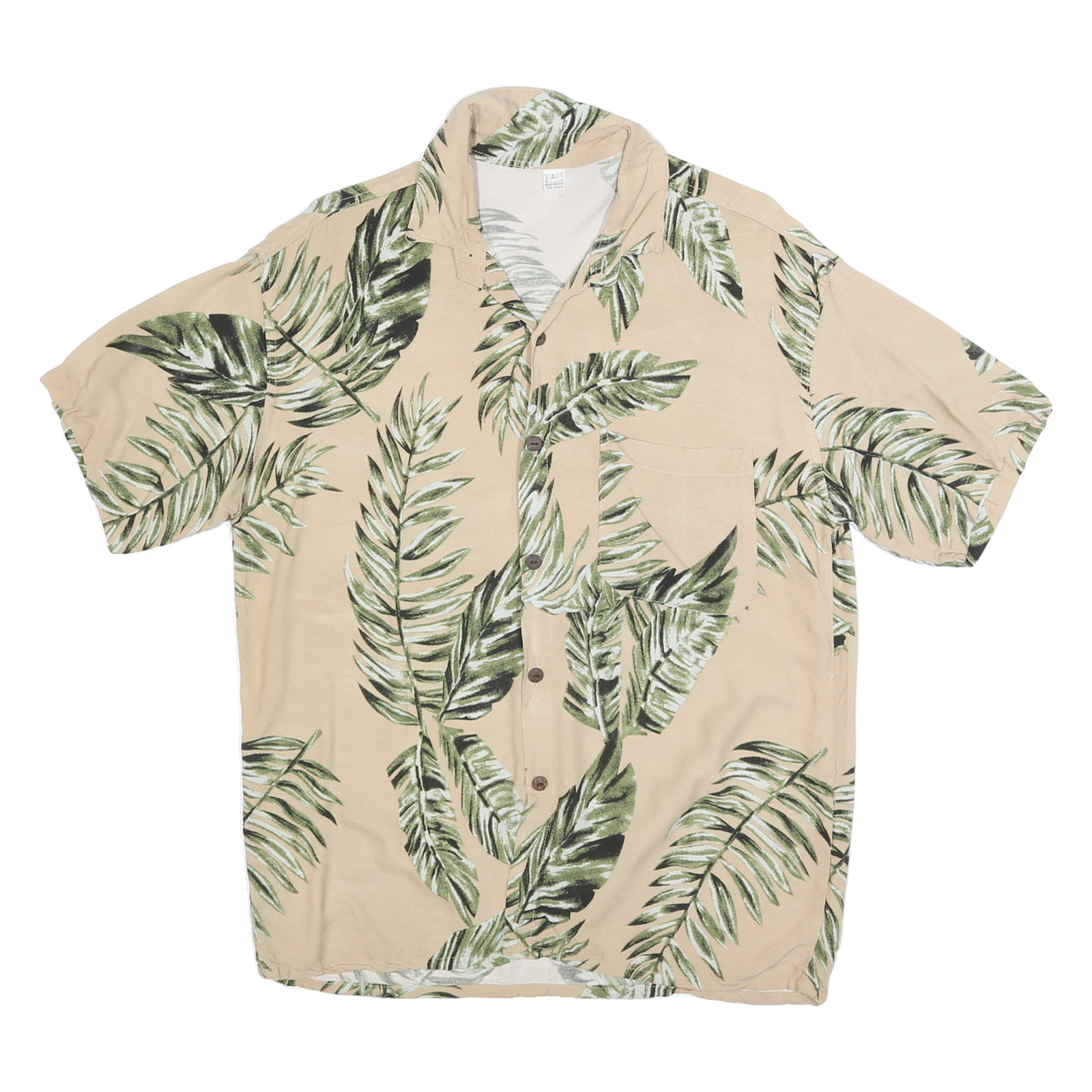 Mens Beige Leaf Print Shirt L Short Sleeve Casual Polyester Summer Refurbished - N/A refurbished available on Cerqular