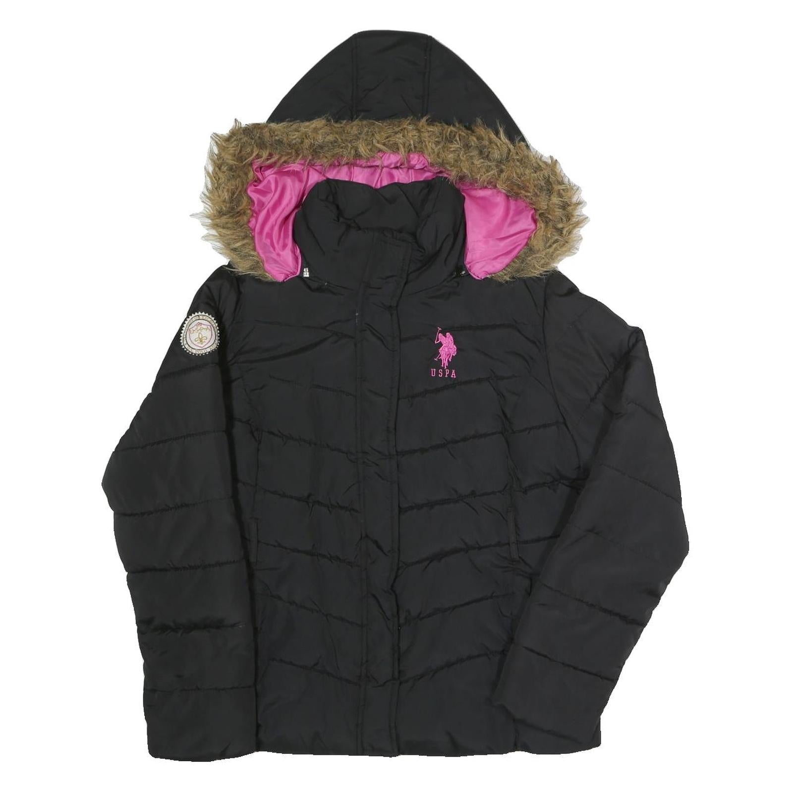 U.S. POLO ASSN Womens Black Jacket L Polyester Puffer Zip Hooded Pink Logo Refurbished - N/A refurbished available on Cerqular