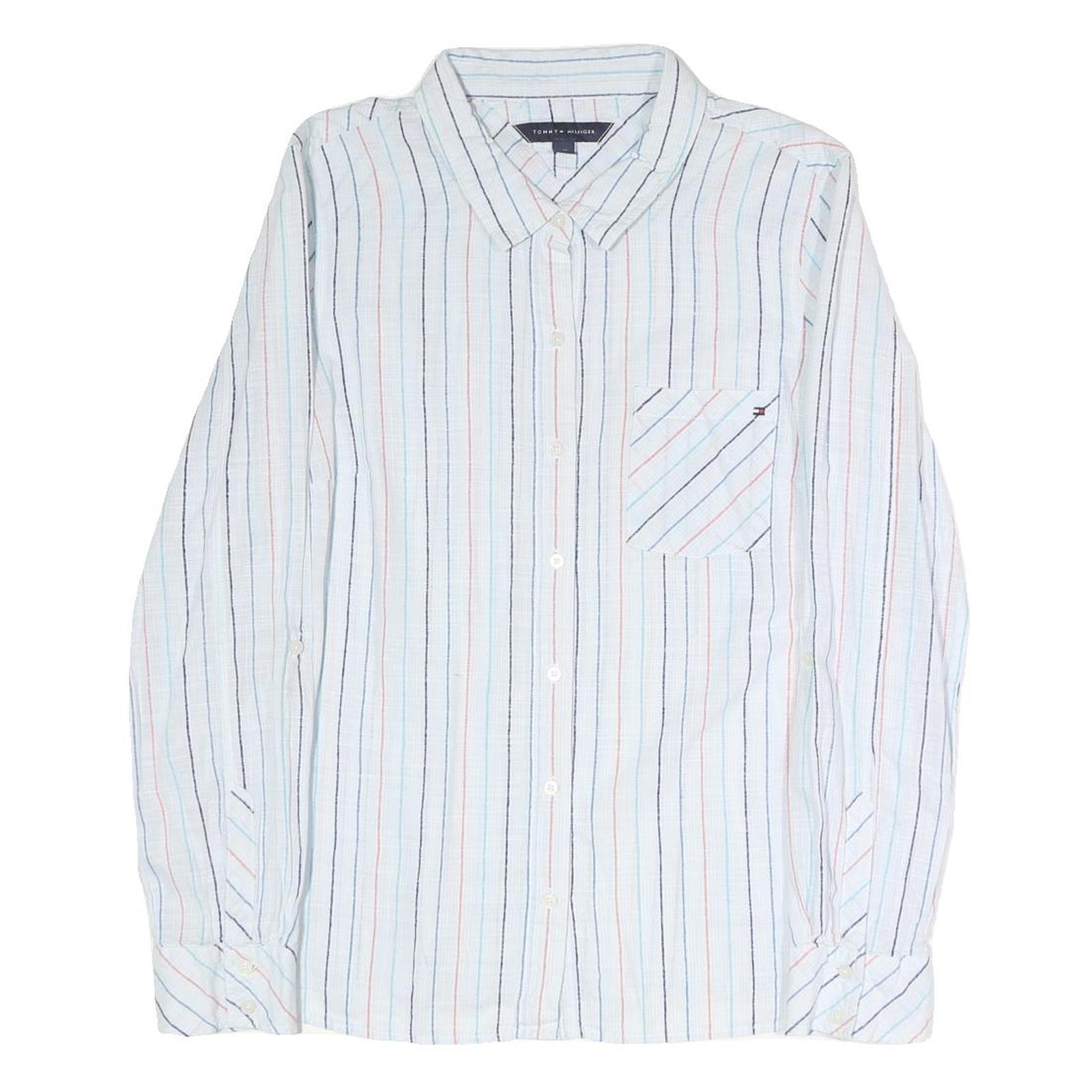 TOMMY HILFIGER Womens White & Multi Stripe Shirt L Cotton Blend Button Up Casual Refurbished - N/A refurbished available on Cerqular
