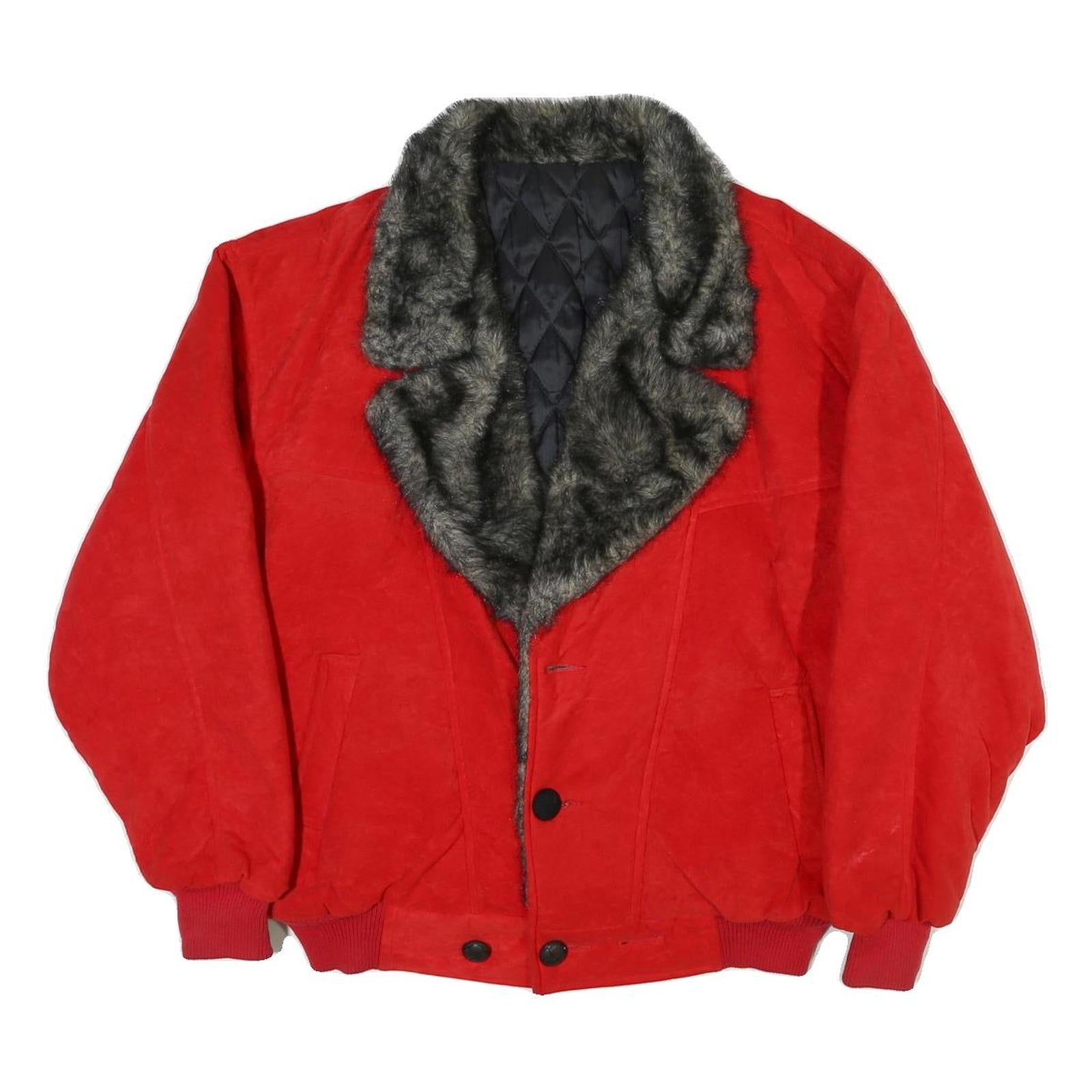 Womens Red Leather Button Jacket L Faux Fur Collar Quilted Lining Warm Refurbished - N/A refurbished available on Cerqular