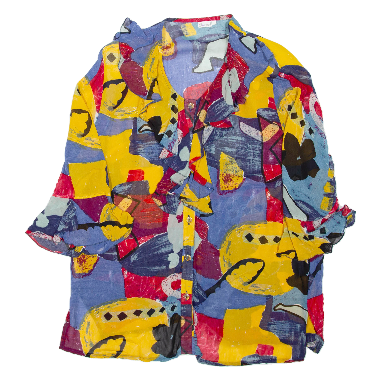 Sheer Womens Ruffle Blouse Blue Crazy Pattern XL Refurbished - N/A refurbished available on Cerqular