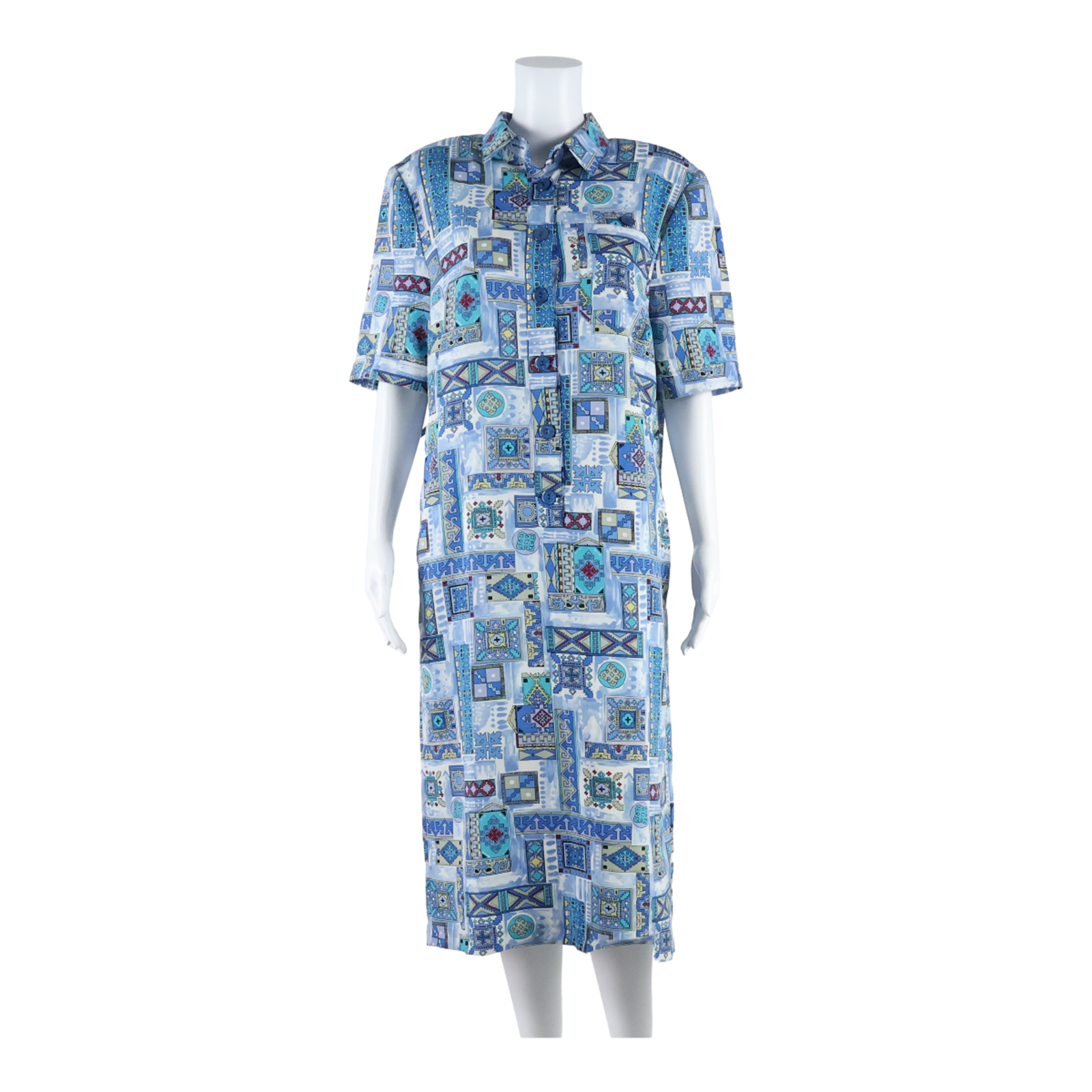 MARKWALD Collared Womens Shirt Dress Blue Geometric Short Sleeve Long UK 12 Refurbished - N/A refurbished available on Cerqular