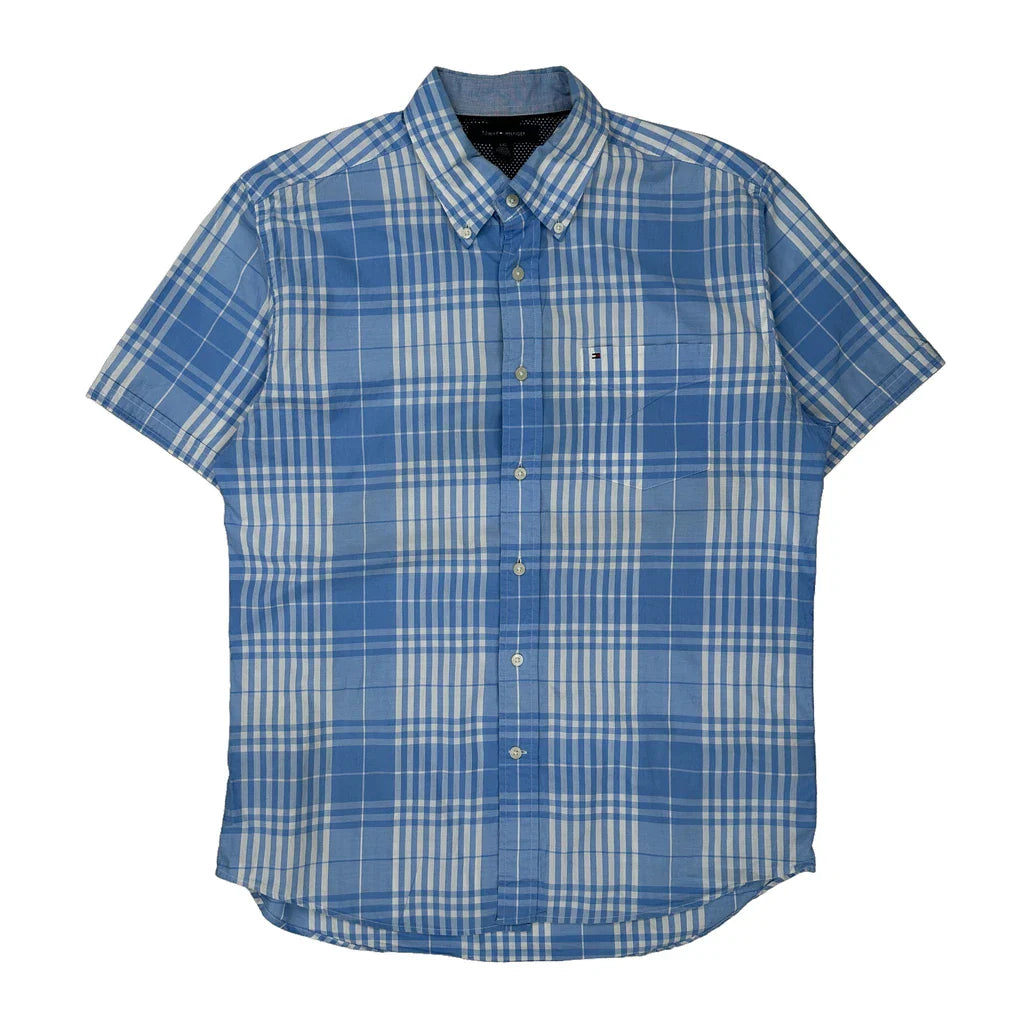 Tommy Hilfiger Checked Short Sleeve Shirt - Large Blue Cotton Refurbished - Thrifted (note: this is a term often used to describe second- refurbished available on Cerqular