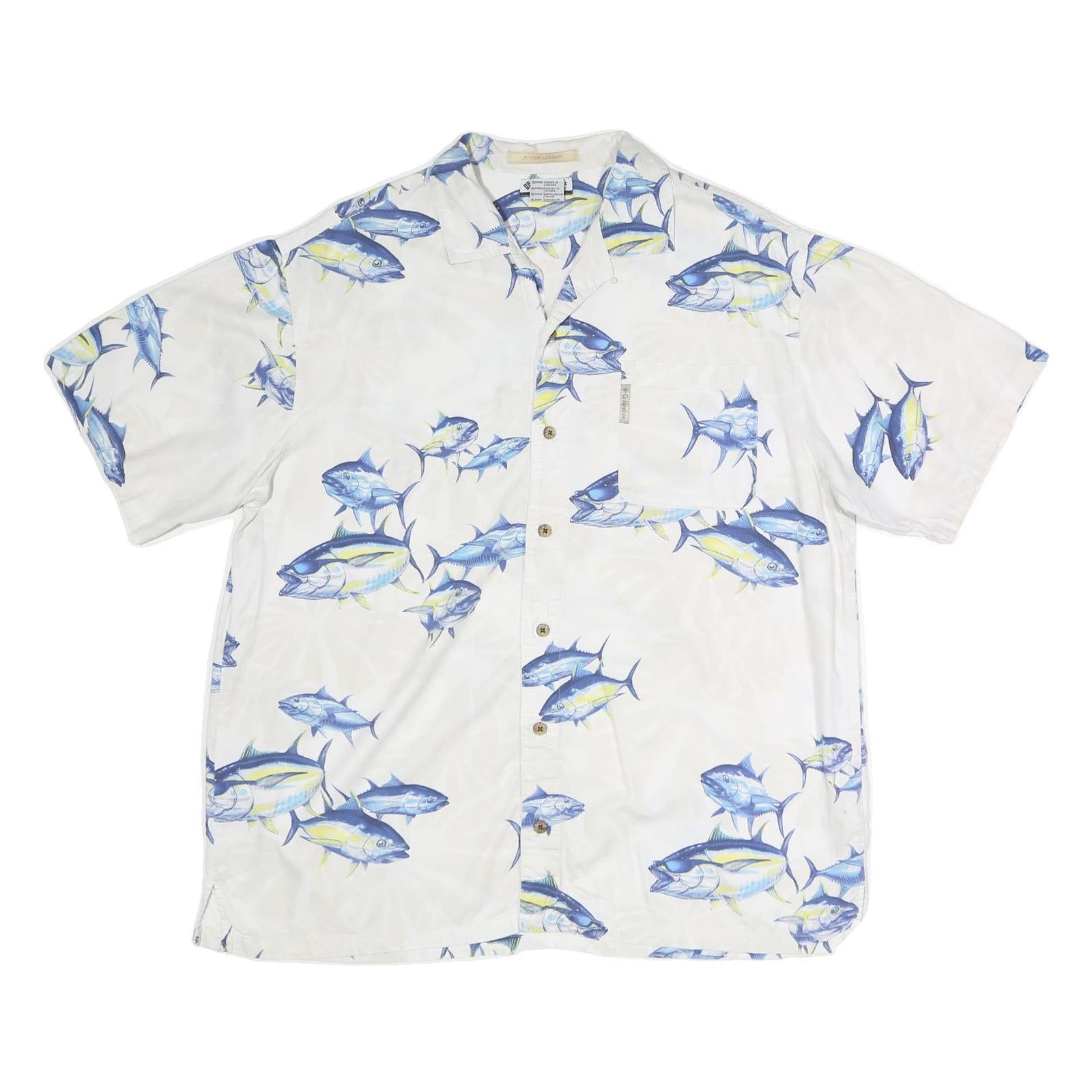 COLUMBIA Mens White & Blue Tuna Print Cotton Blend Shirt XL Summer Beachwear Refurbished - N/A refurbished available on Cerqular