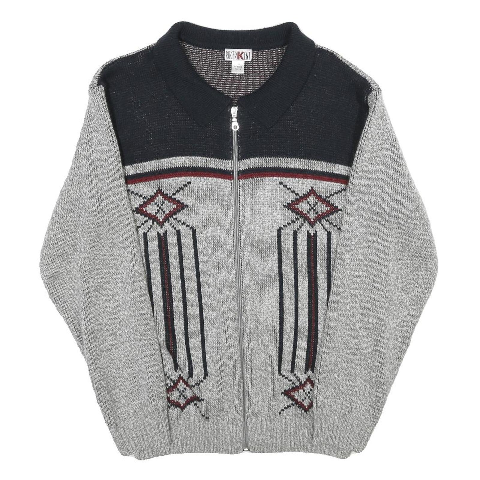 ROGER KENT Mens Grey Patterned Zip Jumper M Acrylic Warm Casual Refurbished - N/A refurbished available on Cerqular