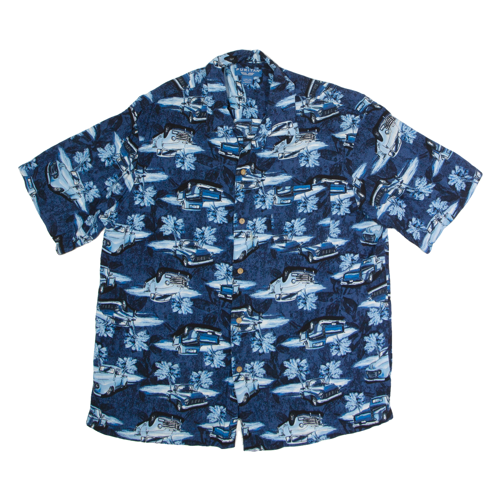PURITAN Pick-up Truck Mens Hawaiian Shirt Blue 90s Crazy Pattern L Refurbished - N/A refurbished available on Cerqular