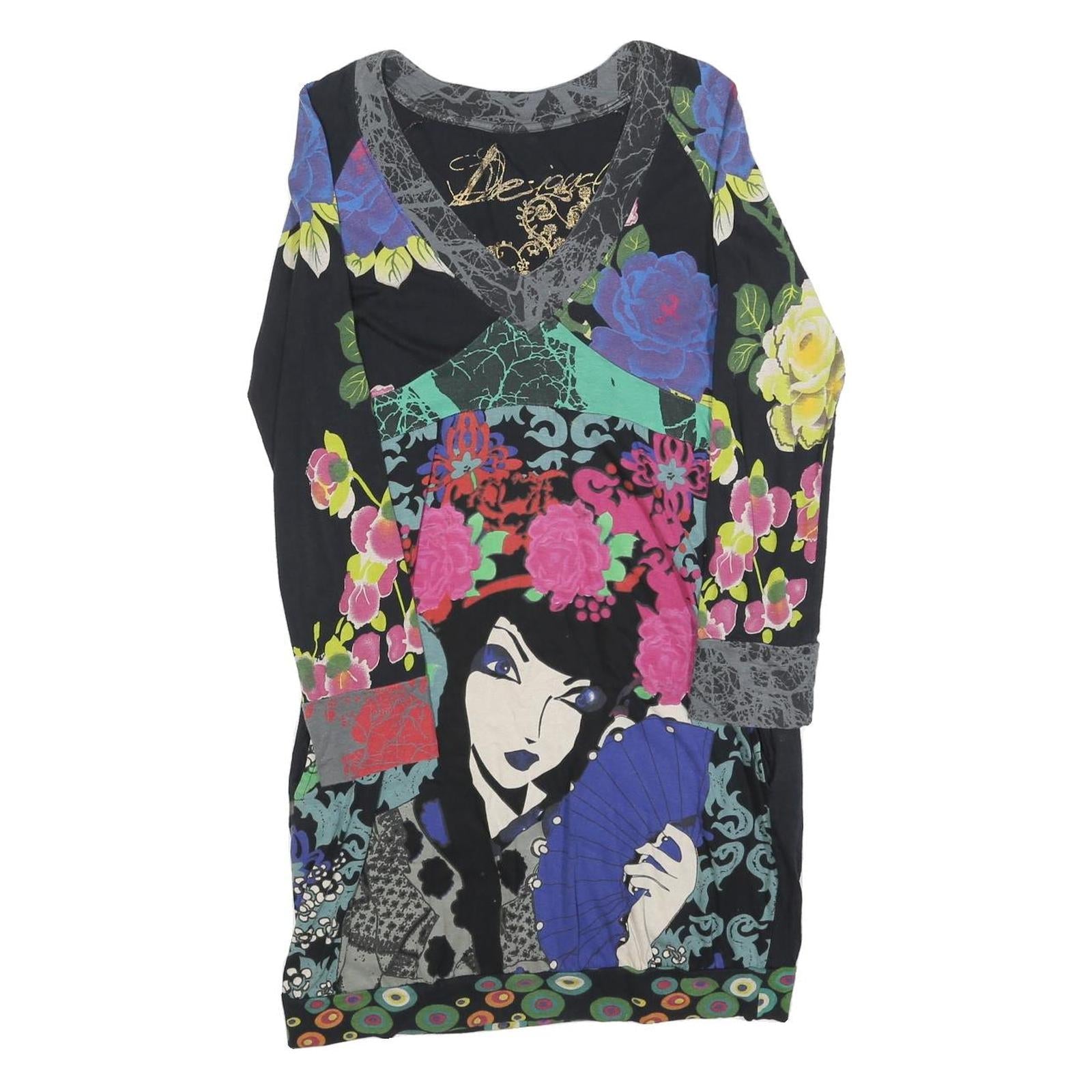 DESIGUAL Womens Black Cotton Blend Day Dress Floral Print Long Sleeve Size S Refurbished - N/A refurbished available on Cerqular