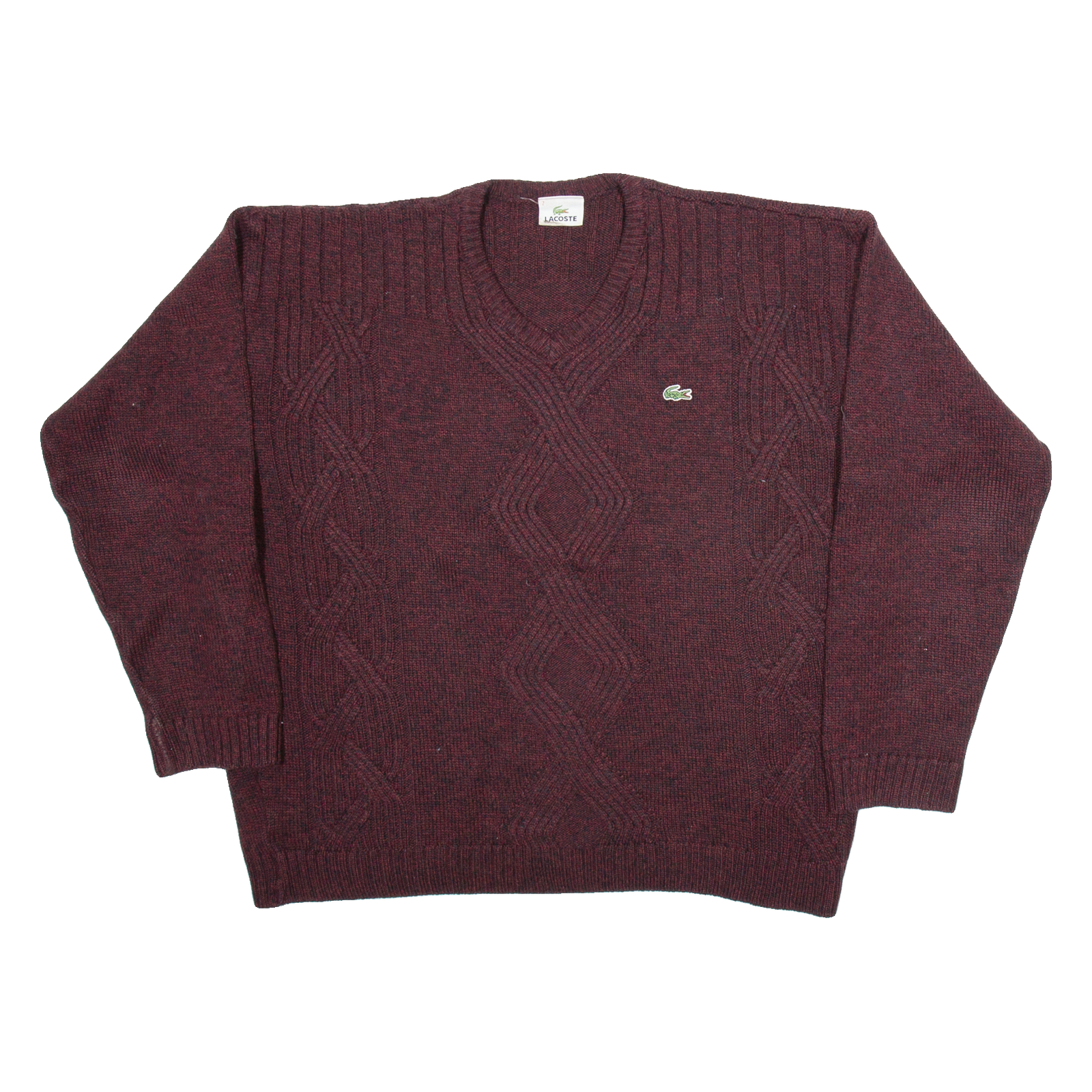 LACOSTE Womens Patterned Jumper Maroon Geometric V-Neck Tight Knit Wool XL Refurbished - N/A refurbished available on Cerqular