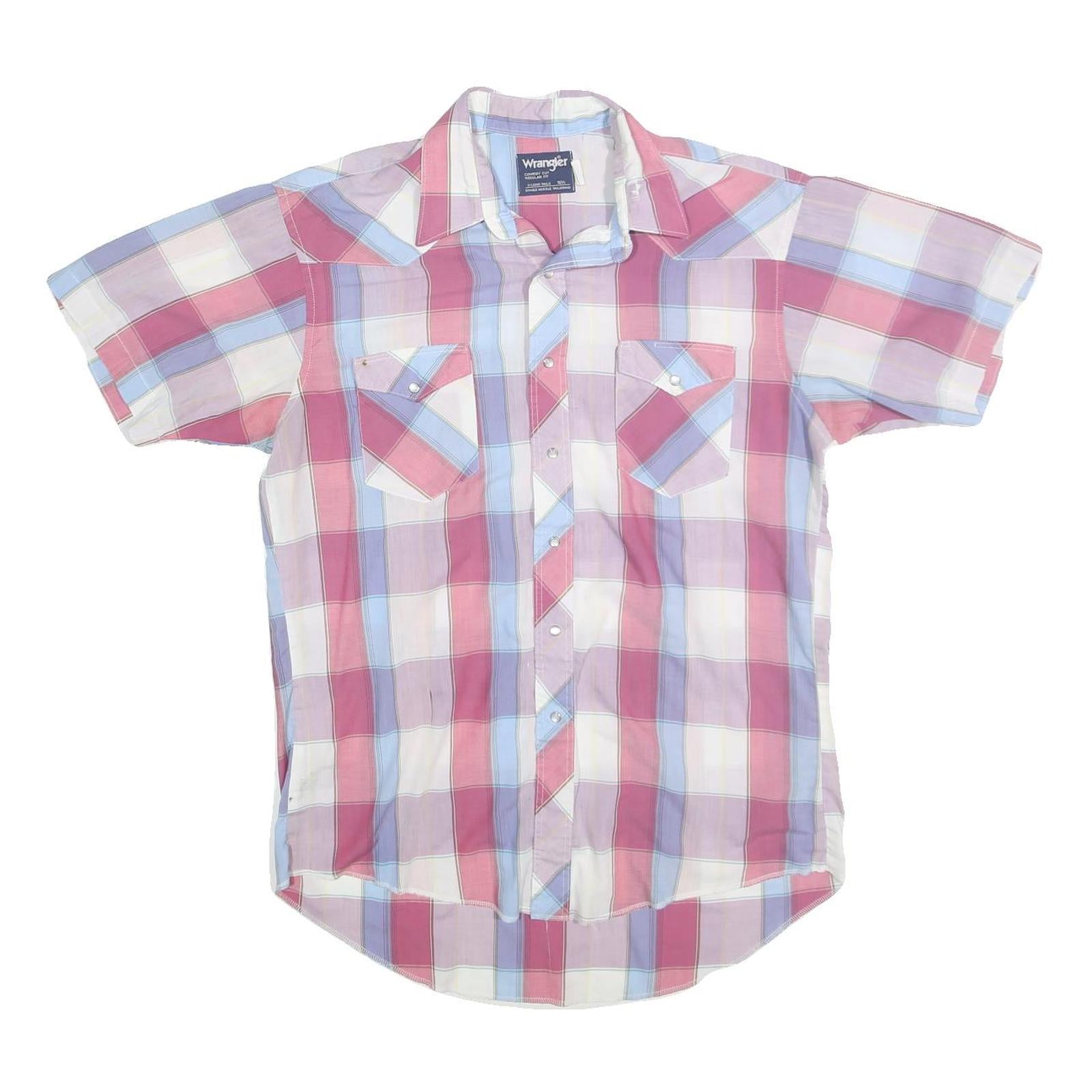 WRANGLER Mens Pink & Blue Check Shirt L Short Sleeve Western Style Snap Buttons Refurbished - N/A refurbished available on Cerqular