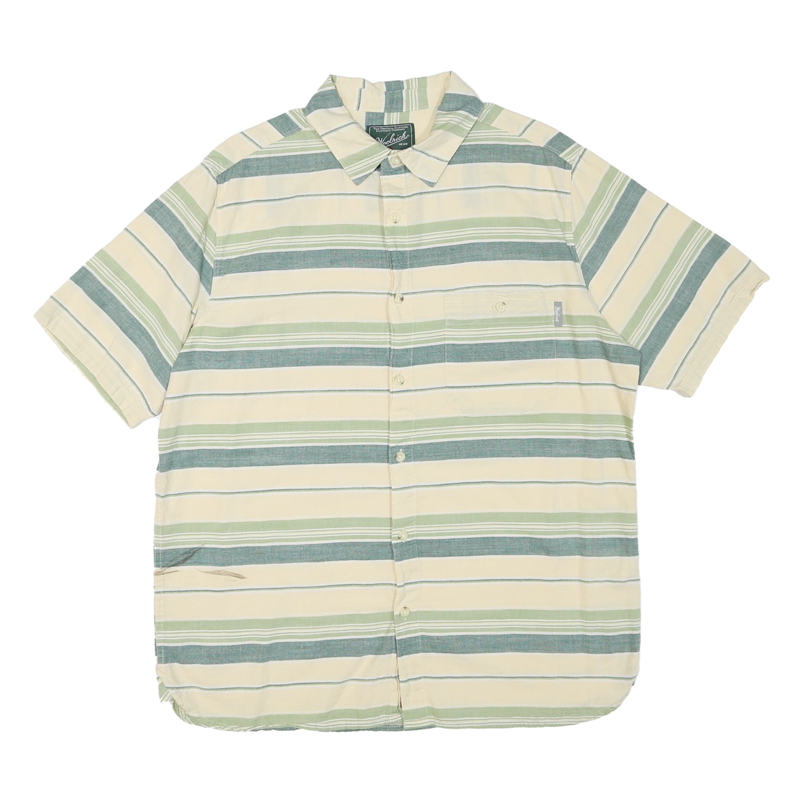 WOOLRICH Mens Cream & Green Stripe Cotton Blend Short Sleeve Shirt L Casual Refurbished - N/A refurbished available on Cerqular