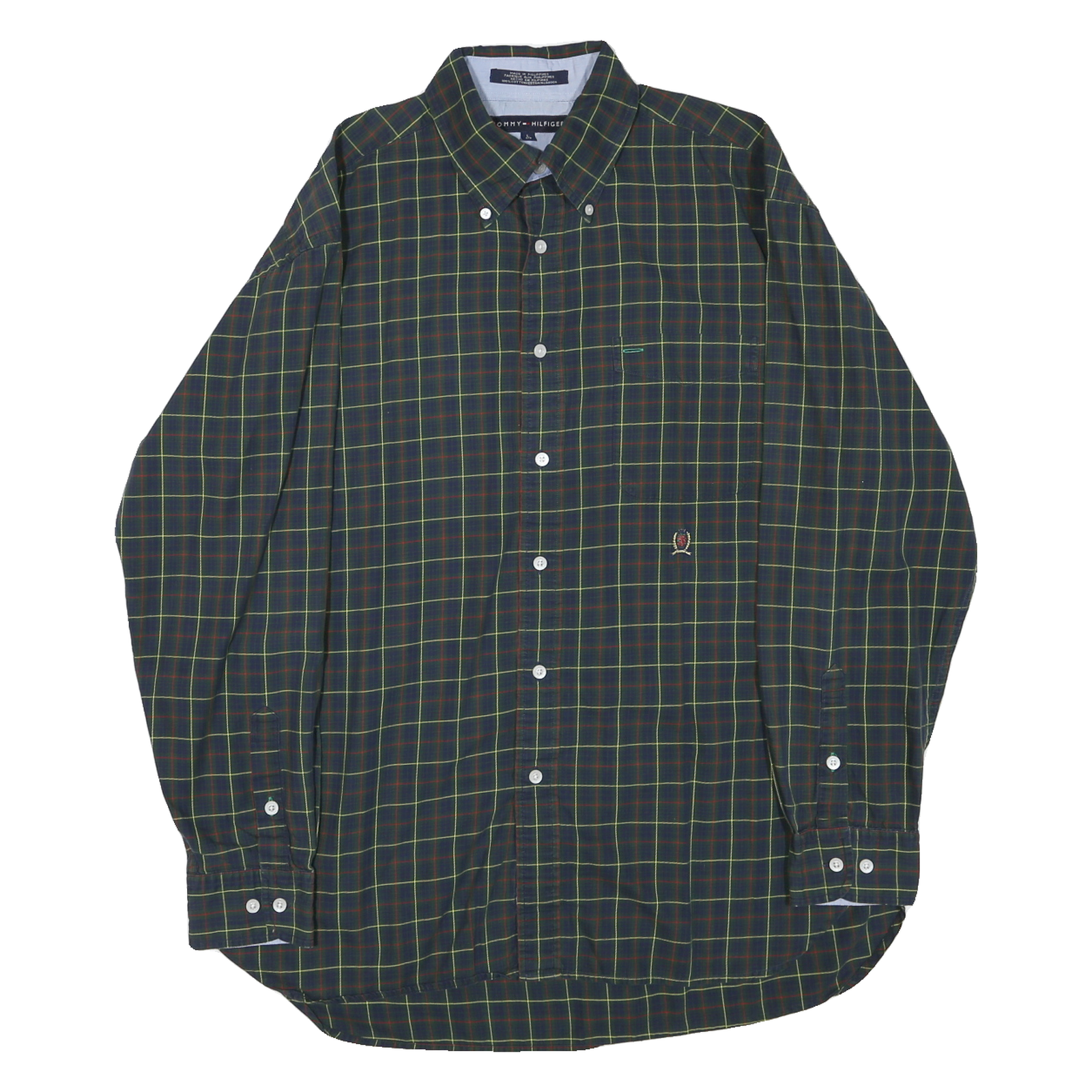 TOMMY HILFIGER Mens Green & Red Check Shirt L Classic Button Down Cotton Blend Refurbished - N/A refurbished available on Cerqular