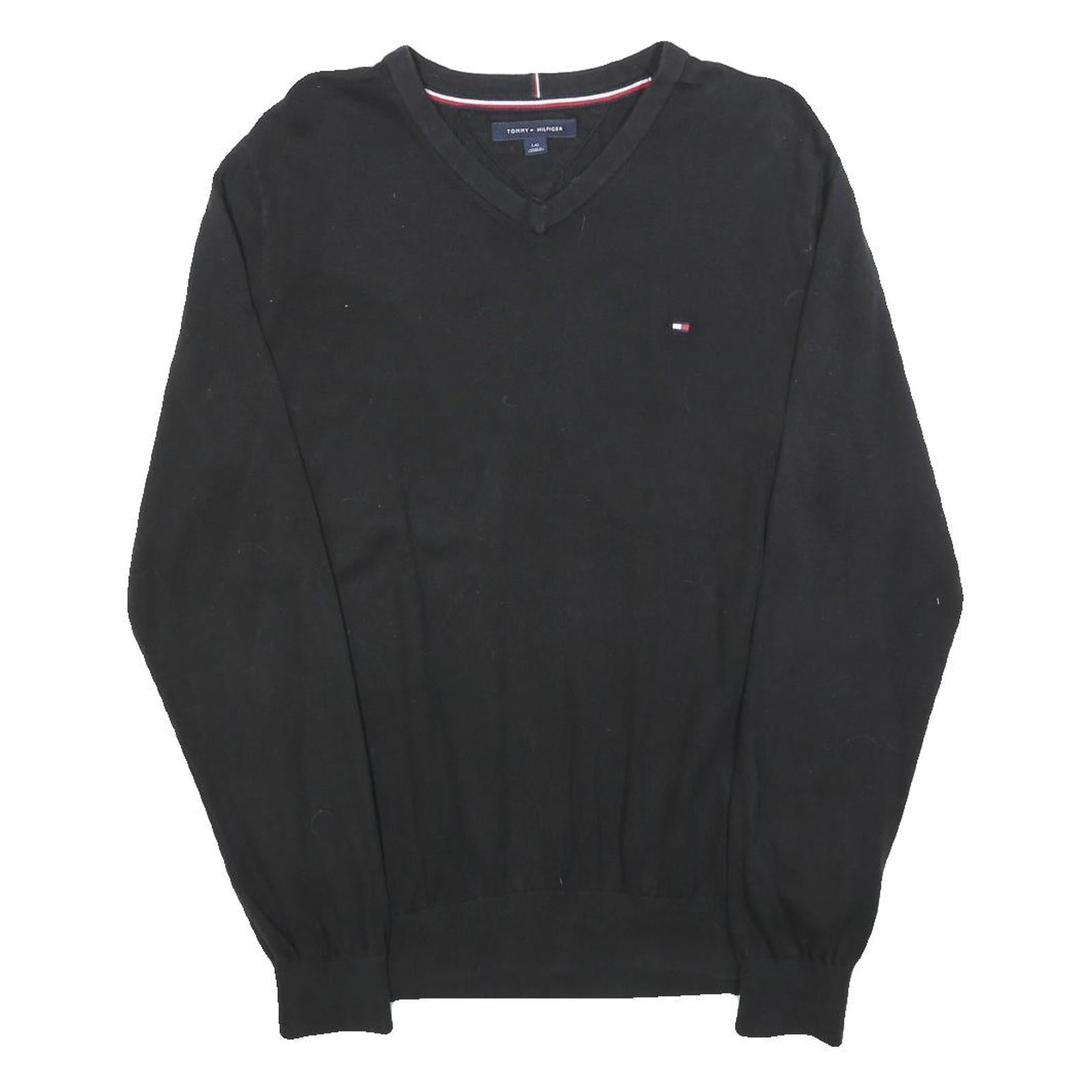 TOMMY HILFIGER Mens Black Plain V-Neck Basic Knit Jumper L Cotton Blend Pullover Refurbished - N/A refurbished available on Cerqular