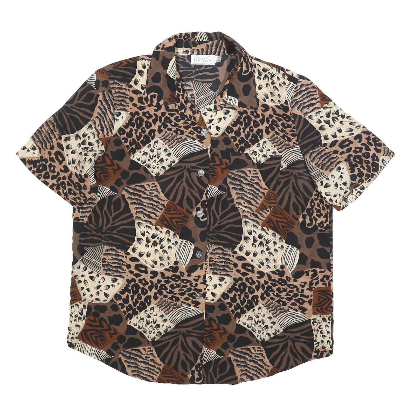 KATHY CHE Womens Brown Animal Print Shirt Short Sleeve Collared L Refurbished - N/A refurbished available on Cerqular