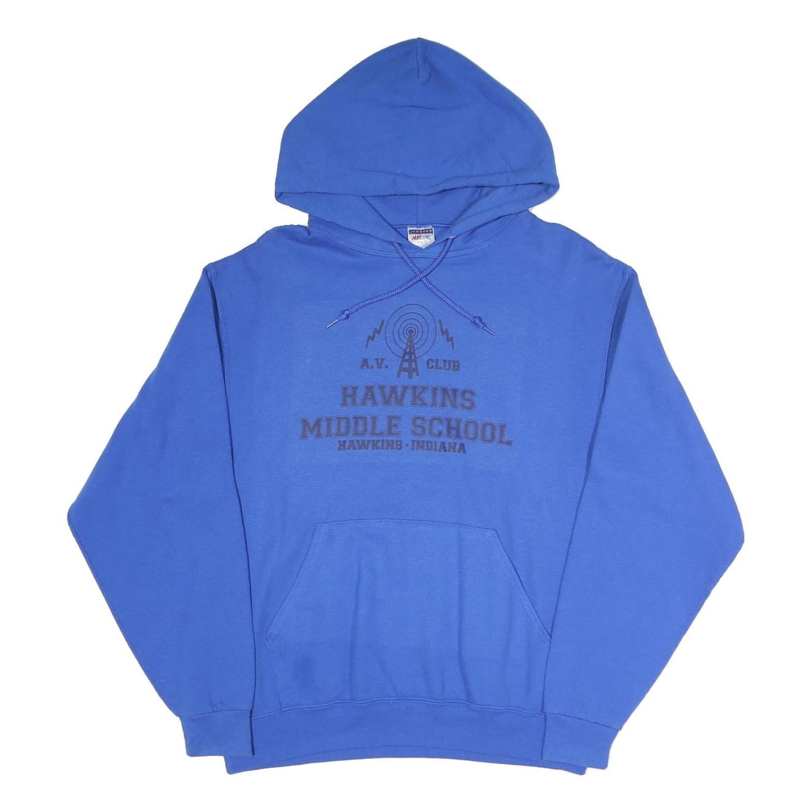 Buy JERZEES Mens Blue Hawkins Middle School A.V. Club Pullover Hoodie M Cotton Blend Refurbished - $23.39 JERZEES Mens Blue Hawkins Middle School A.V. Club Pullover Hoodie M Cotton Blend Refurbished - N/A refurbished available on Cerqular
