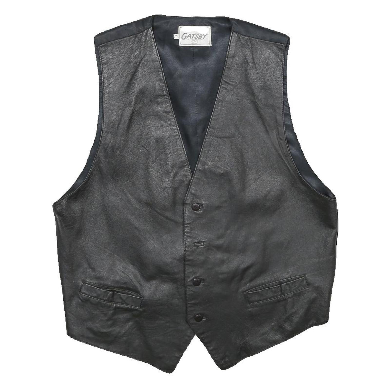 GATSBY INTERNATIONAL Mens Black Leather Button Jacket XL Waistcoat Plain Smooth Refurbished - N/A refurbished available on Cerqular